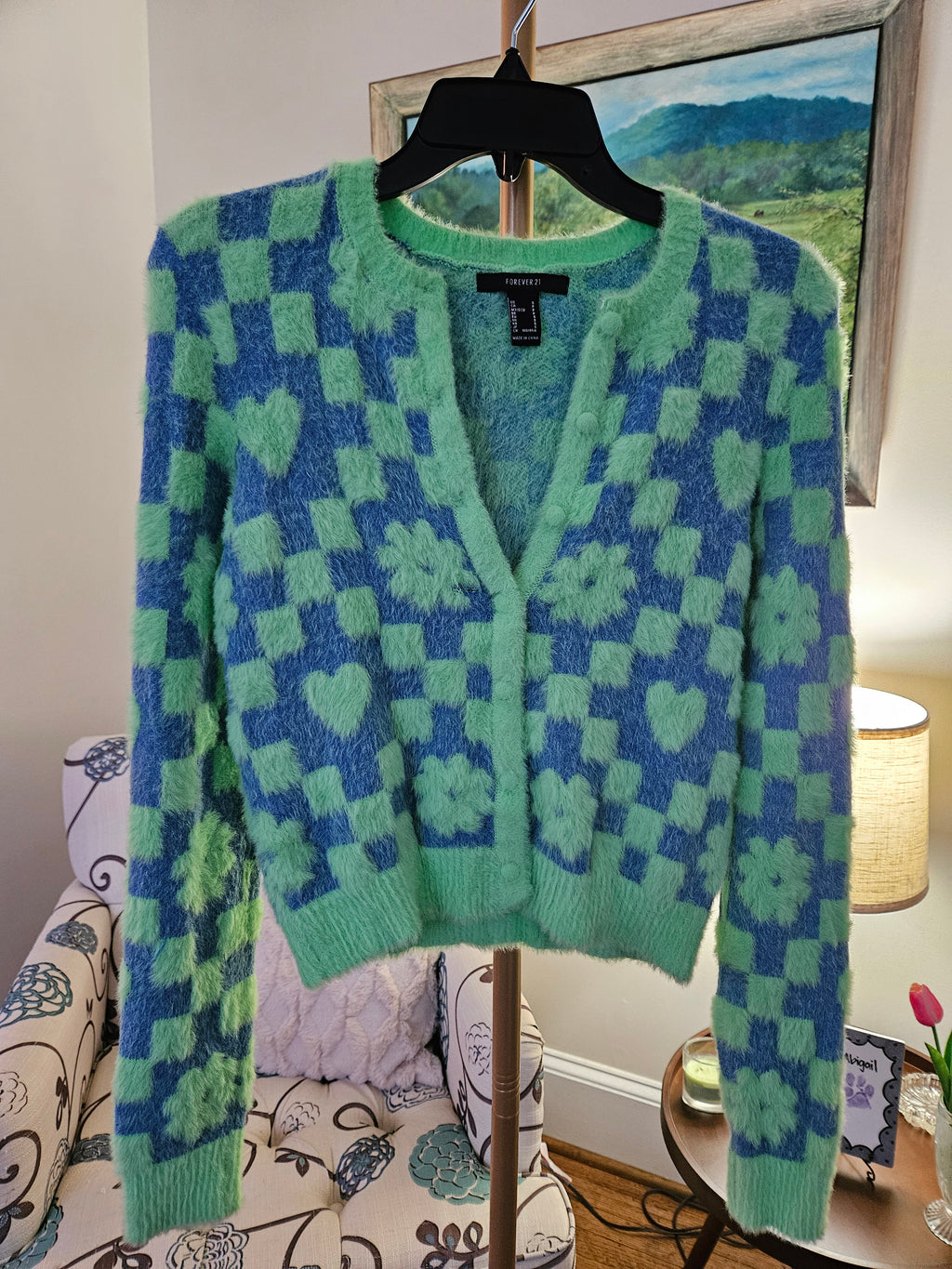 Forever 21 Green and Blue Fuzzy Checkered Cardigan Sz Sm