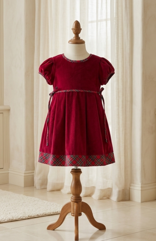 Lil Cactus Deep Red Velvet Christmas Dress Plaid Trim