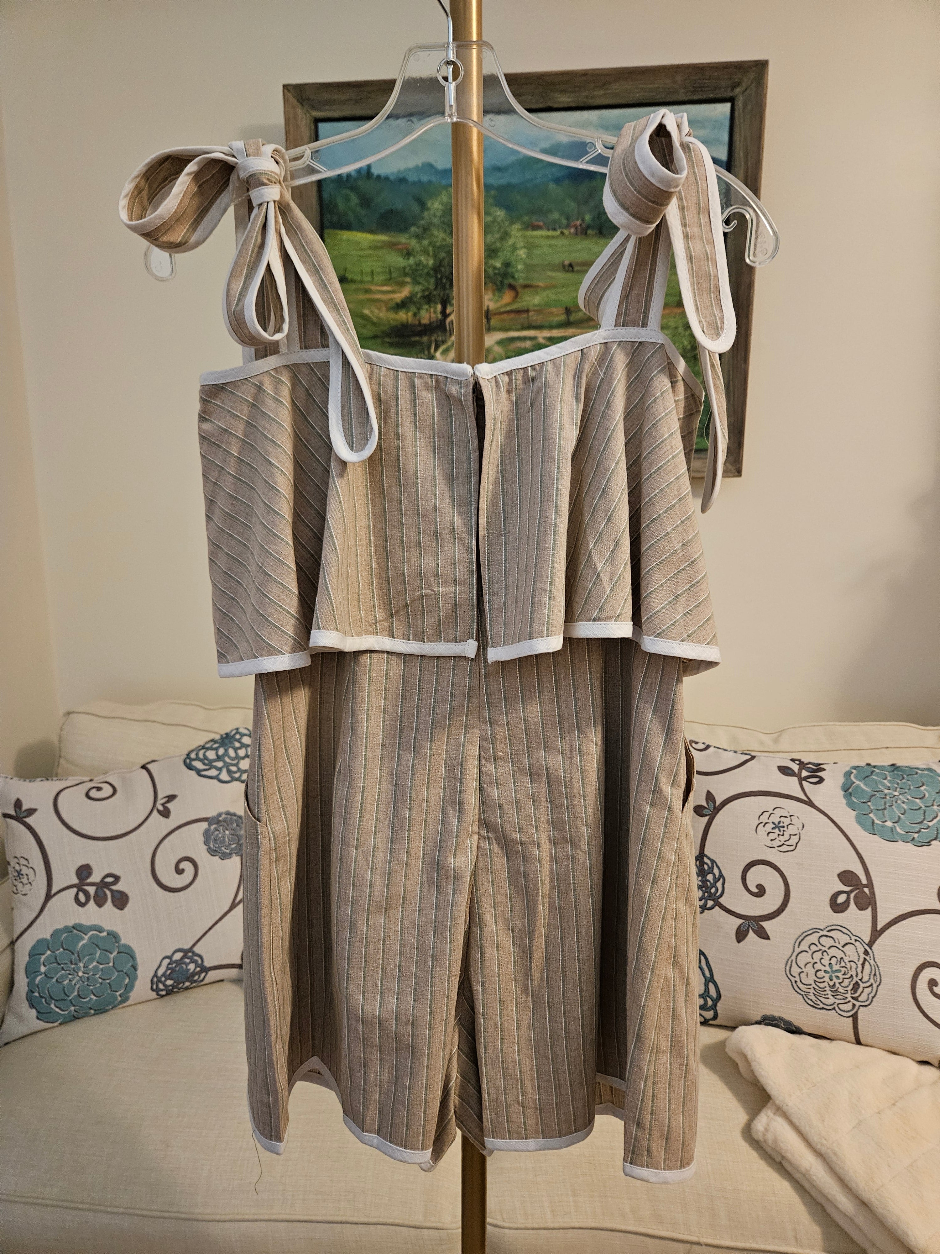 Lalavon Taupe & Green Contrast Hem Tie Romper W/Pockets