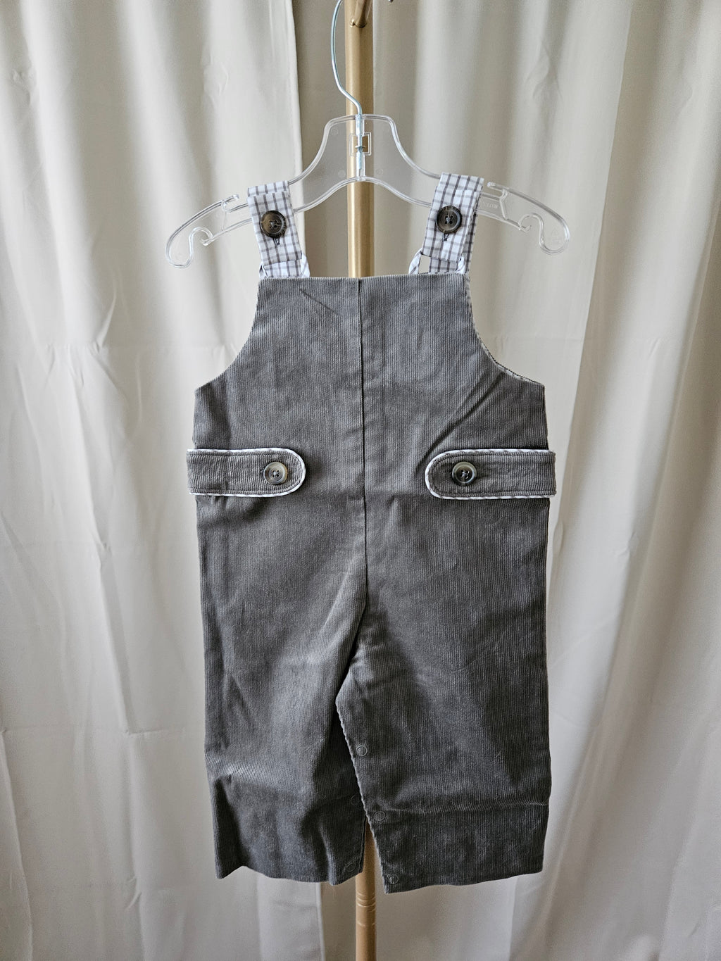 The Beaufort Bonnet Company Gray Corduroy Overalls Gingham Accents