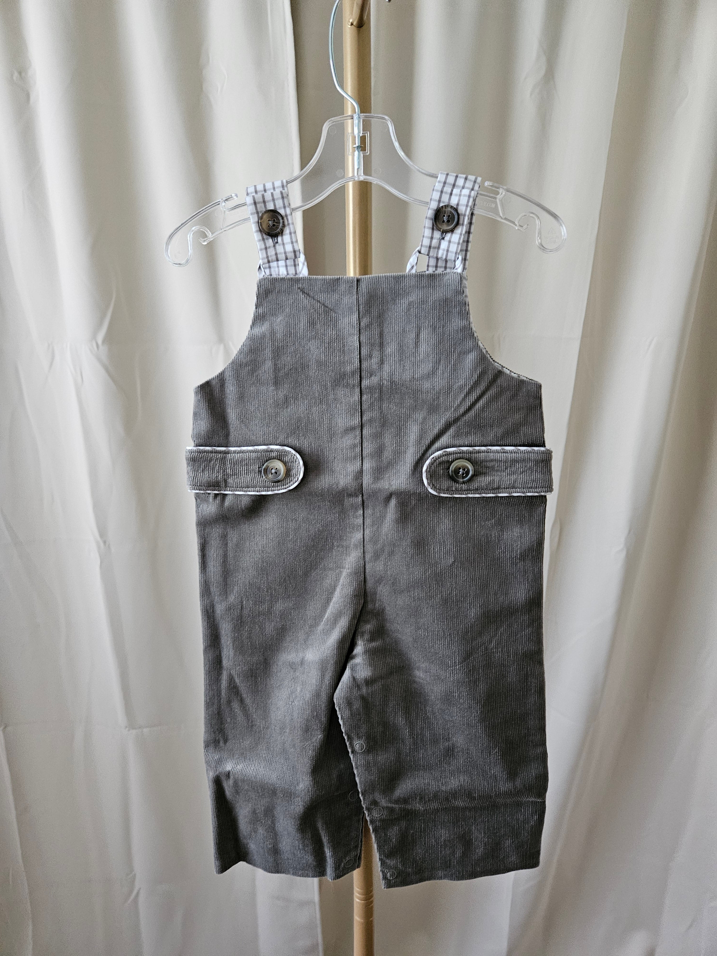 The Beaufort Bonnet Company Gray Corduroy Overalls Gingham Accents