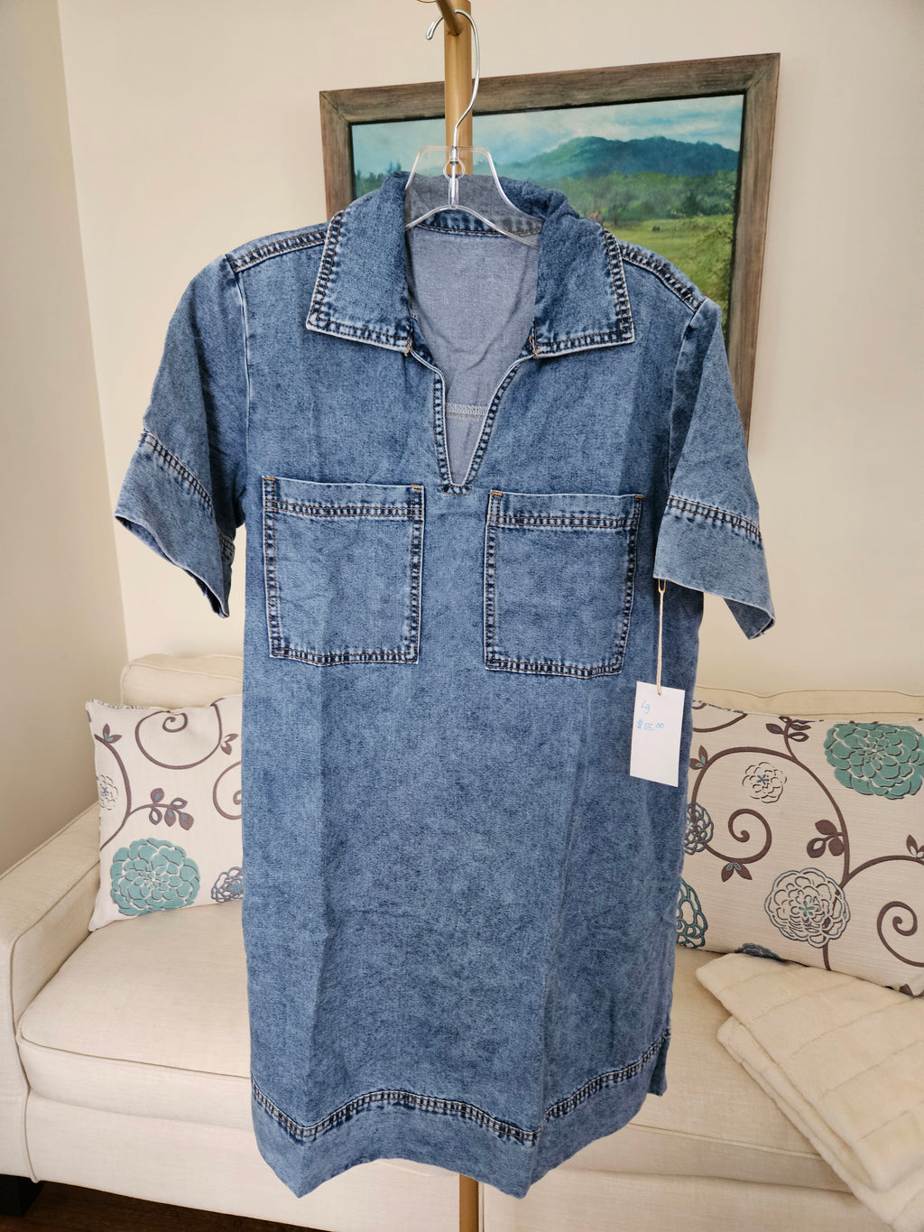 Lovesoft Turn-Down Collar Denim Shift Mini Dress With Pockets Sz Lg