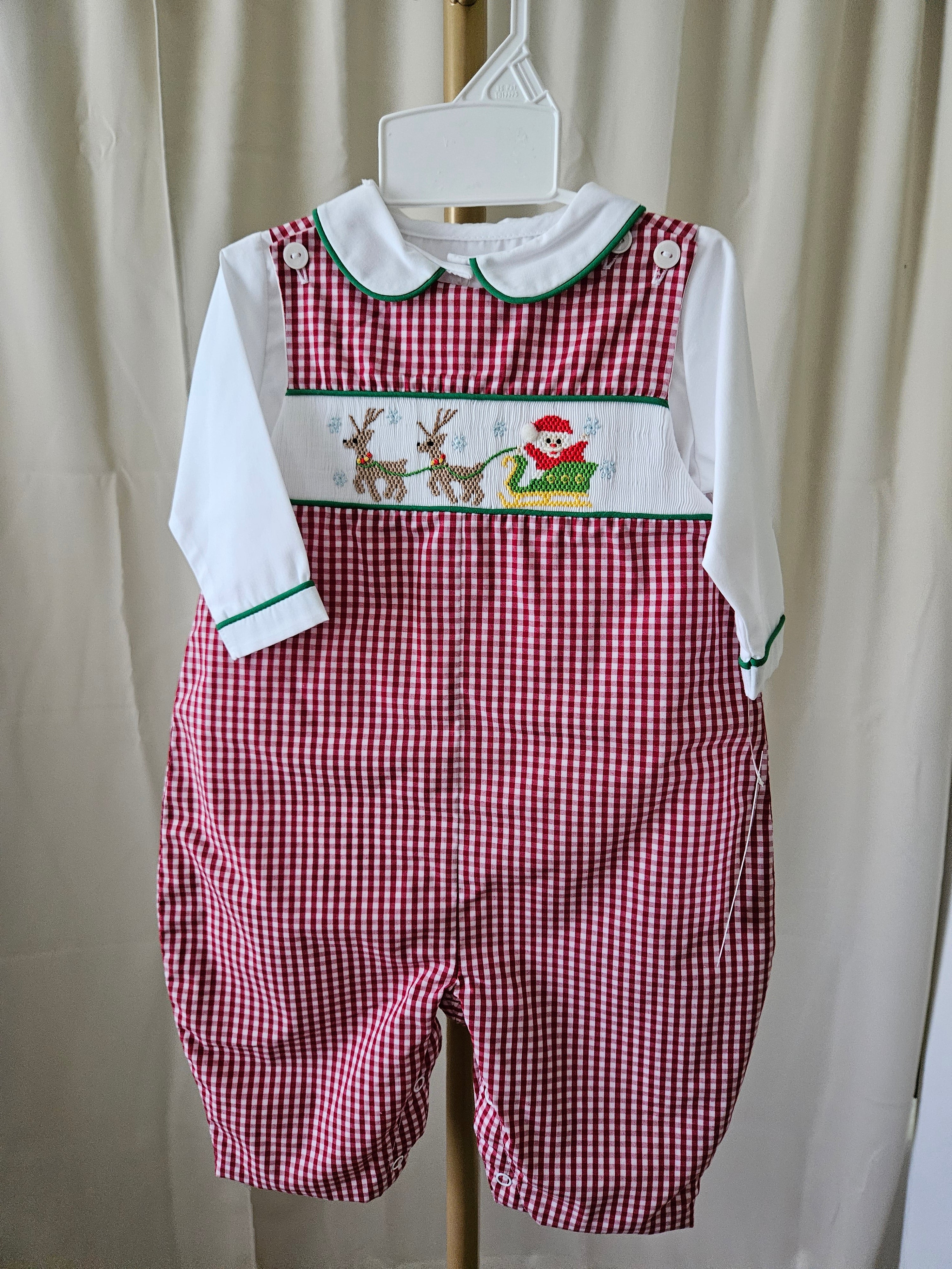 Petit Ami Smocked Santa Sleigh Gingham Jon Jon