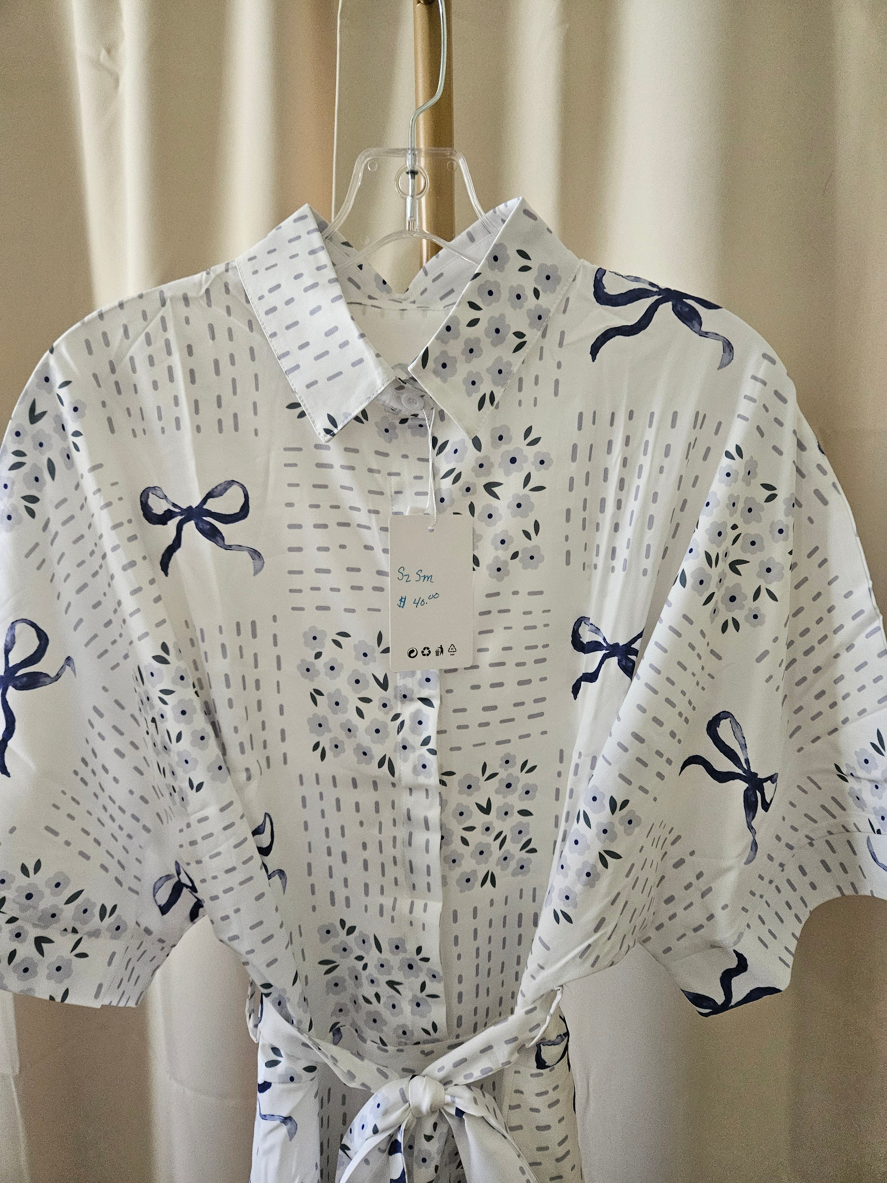 Rosa Clothing Blue & White Floral Bow Romper Blouse | Tie Waist | NWT