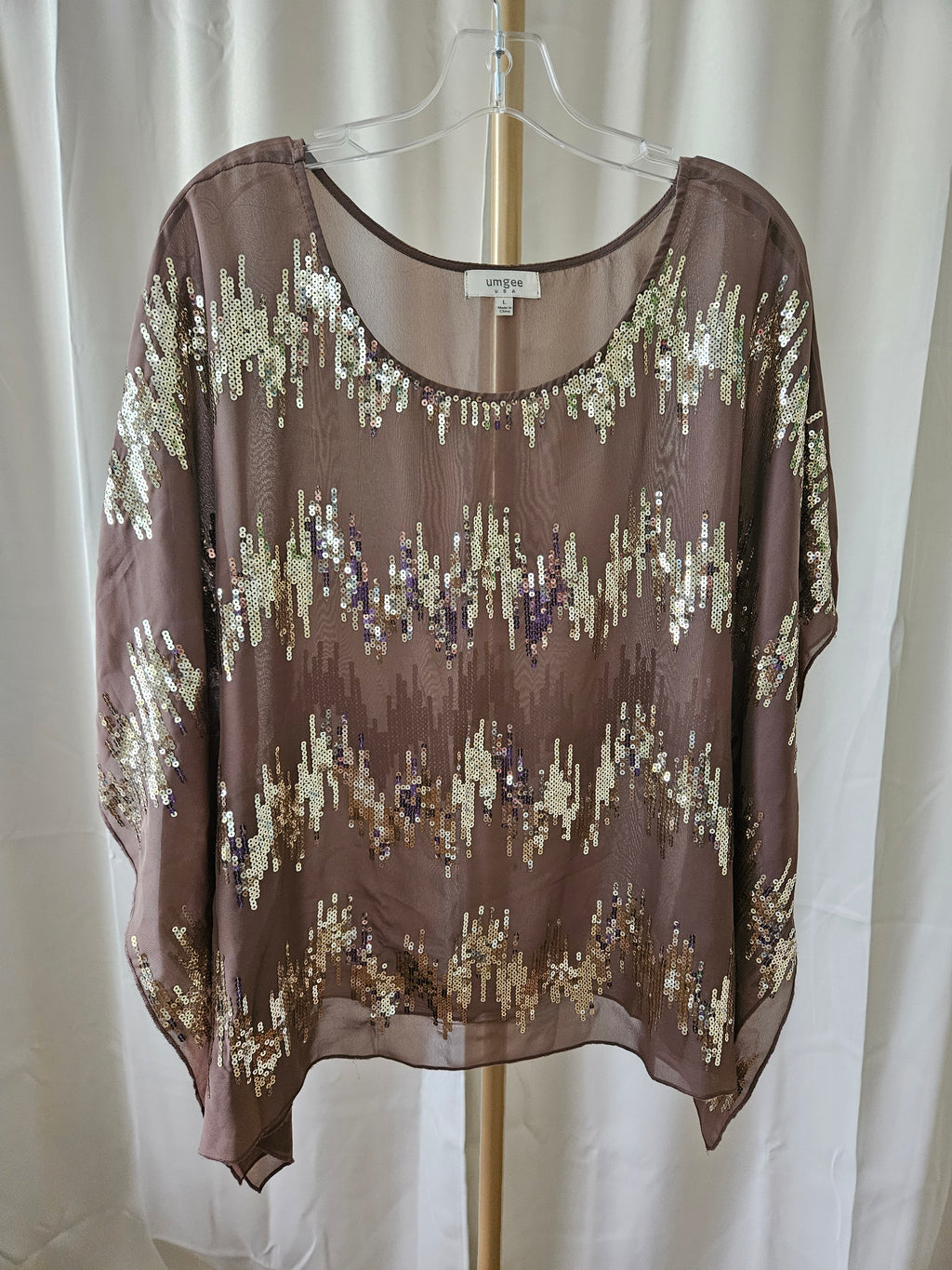 Umgee Sequin Sheer Overlay Top Gold Sparkle Flutter Sleeve