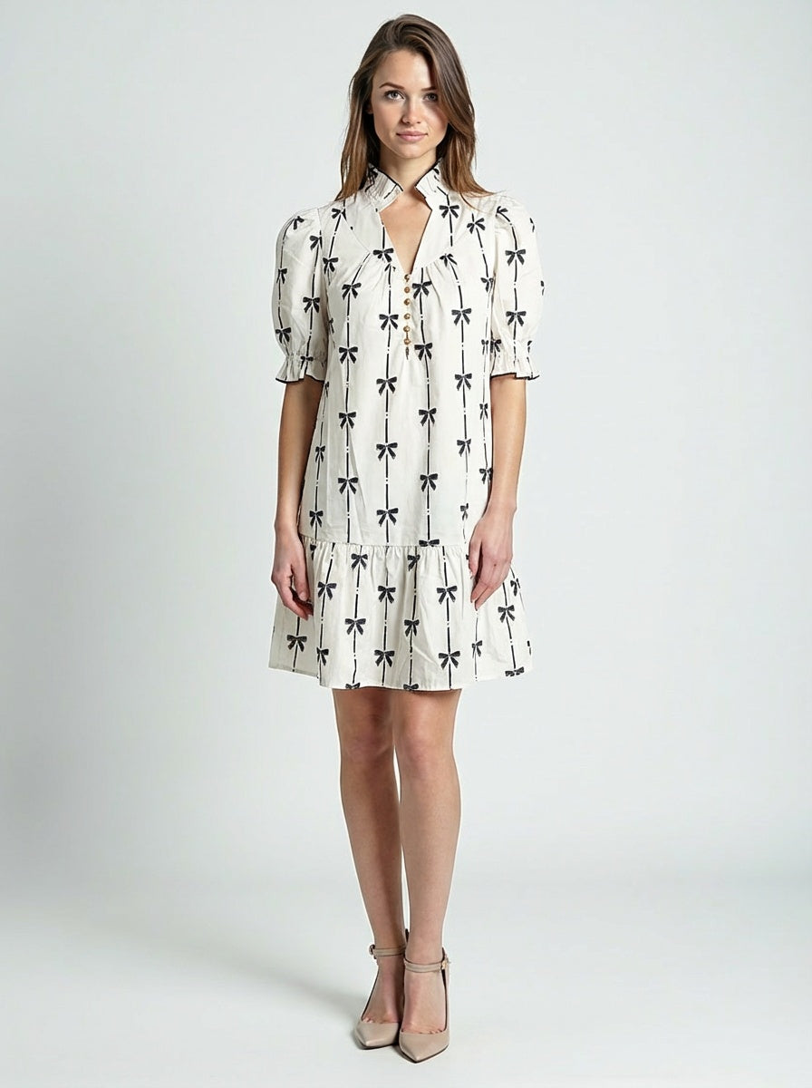 Live Fashion Way Bowknot Printed Bubble Sleeve Vneck Dress