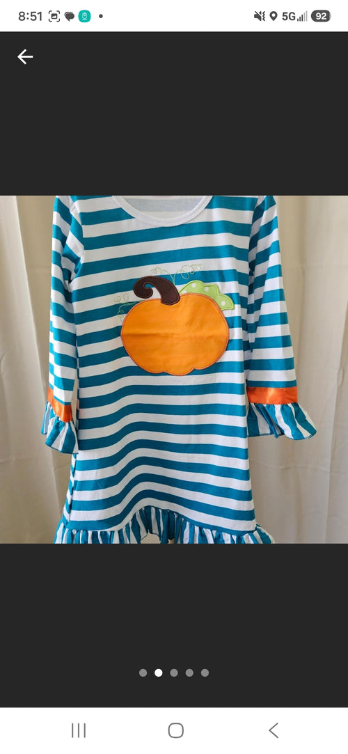 Amor Babee Pumpkin Appliqué Dress Turquoise Stripe Ruffle Sz 6-7