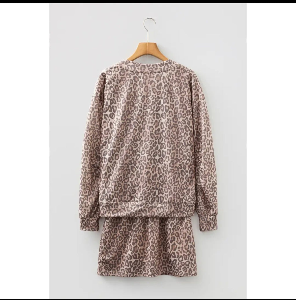 Lovesoft Light French Beige Leopard Print V-Neck Pullover Mini Skirt 2pc Set