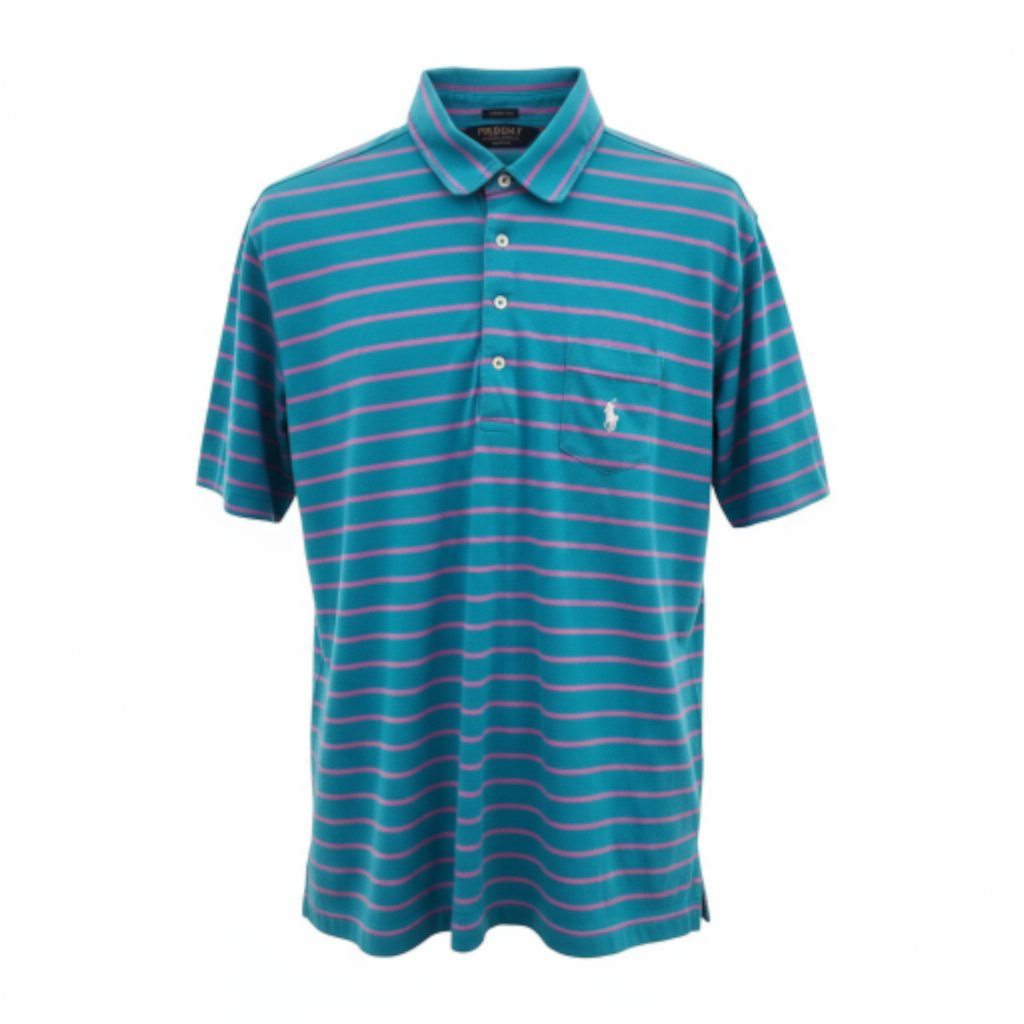 Polo Golf Ralph Lauren Teal Blue and Pink Striped Polo Shirt Size Large