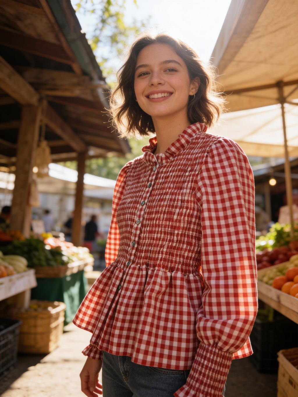 Rosa Clothing Gingham Ruffled Blouse Sz Med