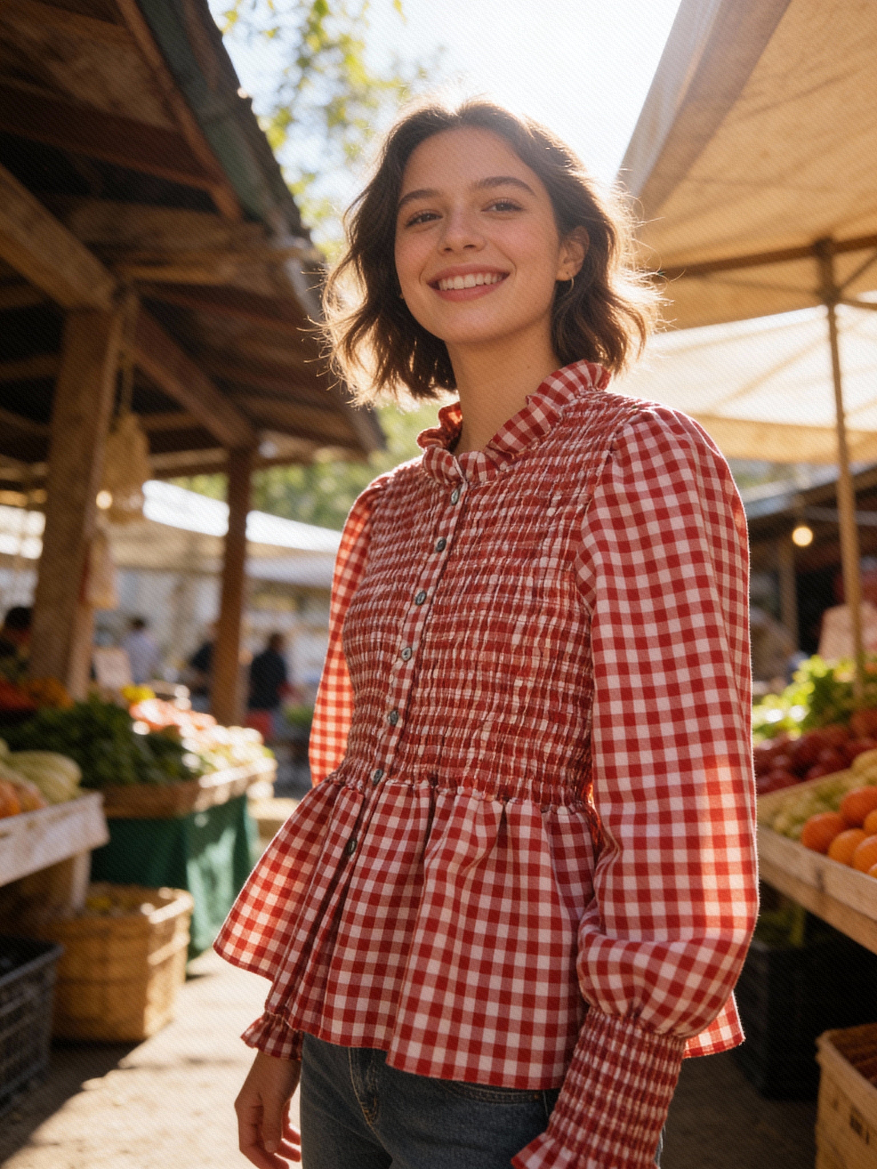 Rosa Clothing Gingham Ruffled Blouse Sz Med
