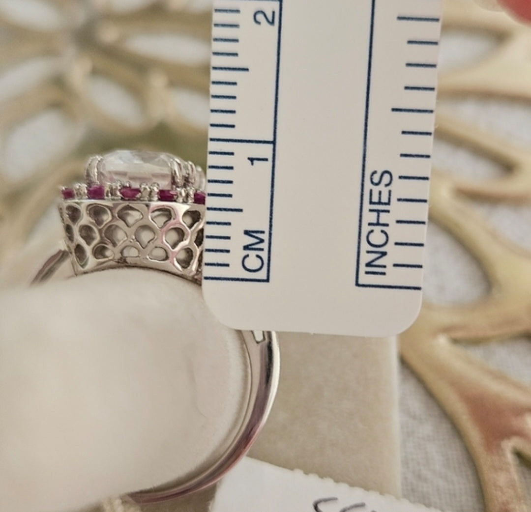 Crystal Quartz With Red Ruby Accent 925 Silver Over Rhodium Sz 7