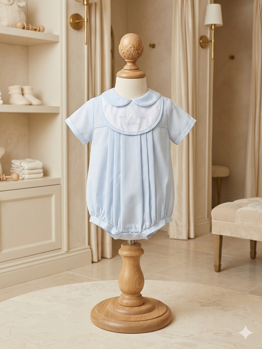 Petit Ami NB Baby Blue Sailboat Embroidered Bubble & Bonnet Set