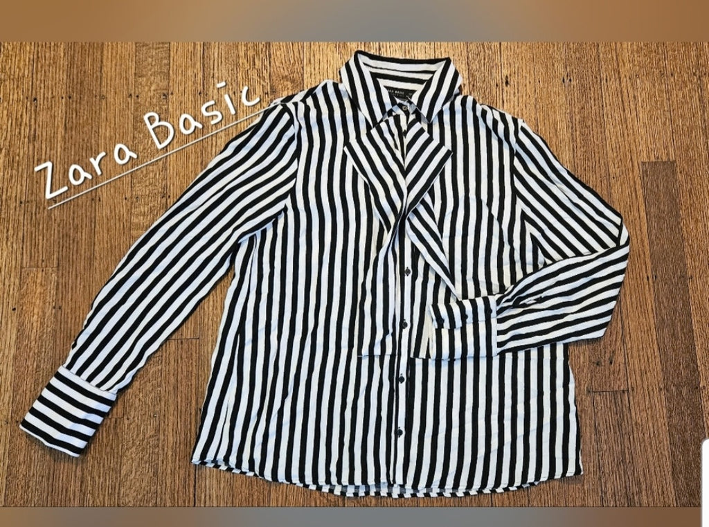 Zara Basic Blk & White Striped Wide Cuff Button Up Blouse Size Medium