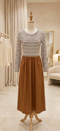 Brown Stripe Ribbed Knit Long Sleeve Bodice Contrast Patchwork Flared Dress  In Stock