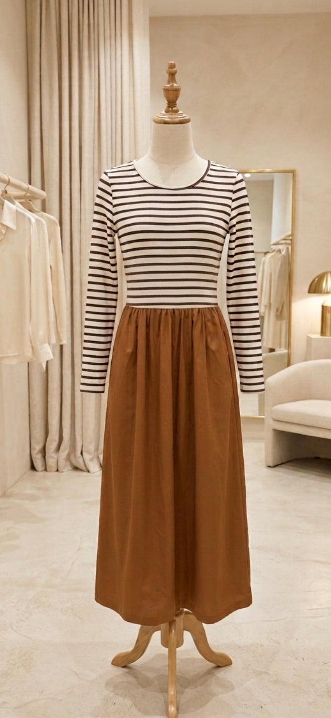 Brown Stripe Ribbed Knit Long Sleeve Bodice Contrast Patchwork Flared Dress  In Stock
