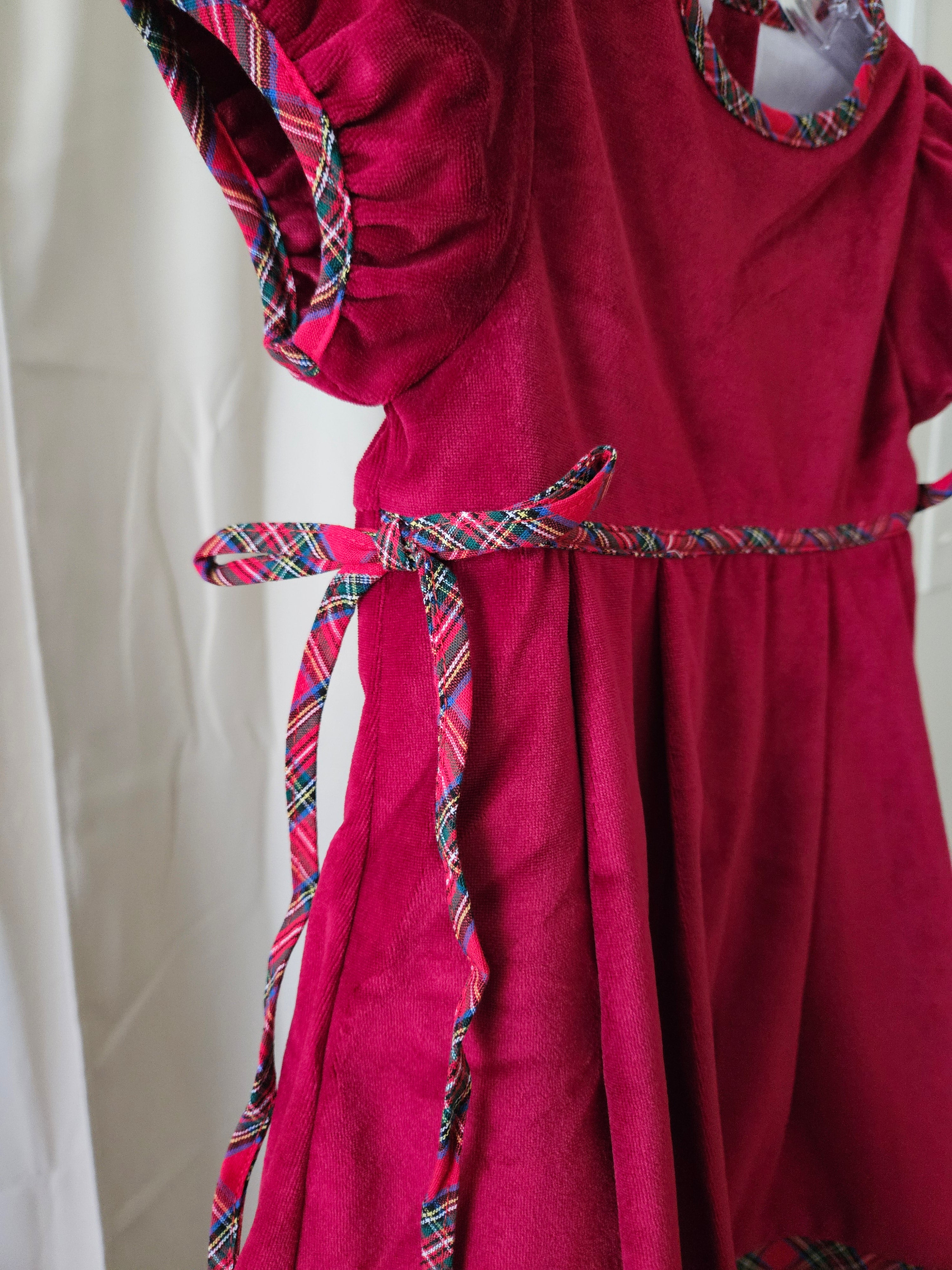 Lil Cactus Deep Red Velvet Christmas Dress Plaid Trim