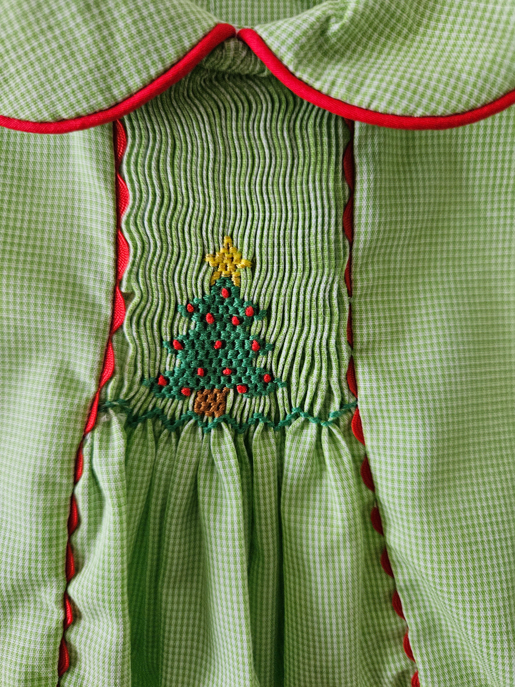 Baby Blessings Green & White Microcheck Smocked Christmas Tree Bubble