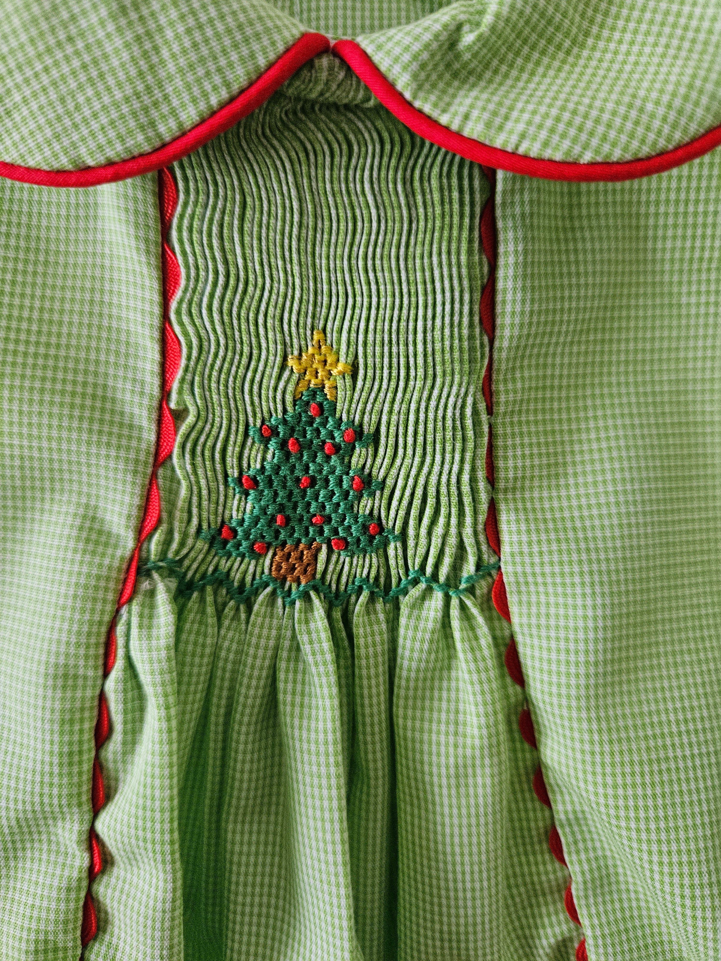 Baby Blessings Green & White Microcheck Smocked Christmas Tree Bubble