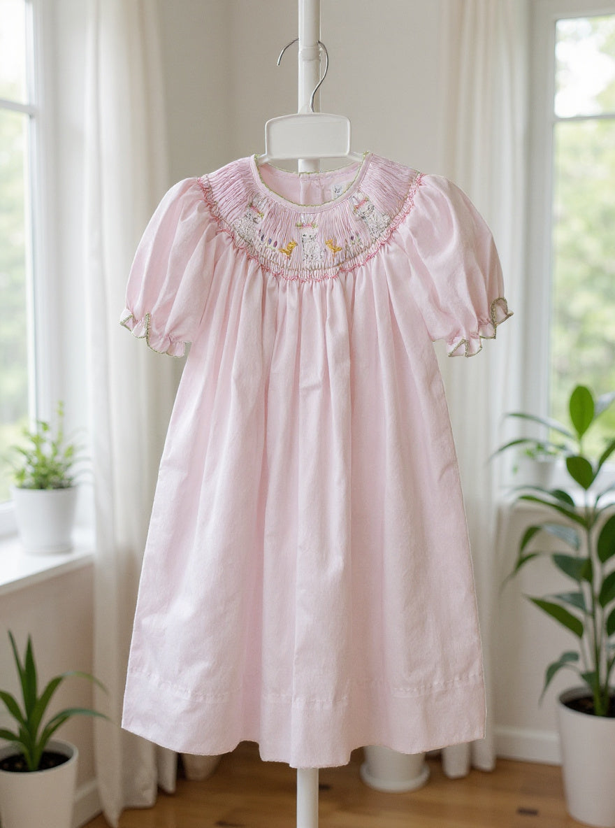 Petit Ami Light Pink Bishop Dress With Easter Bunny Smocking
