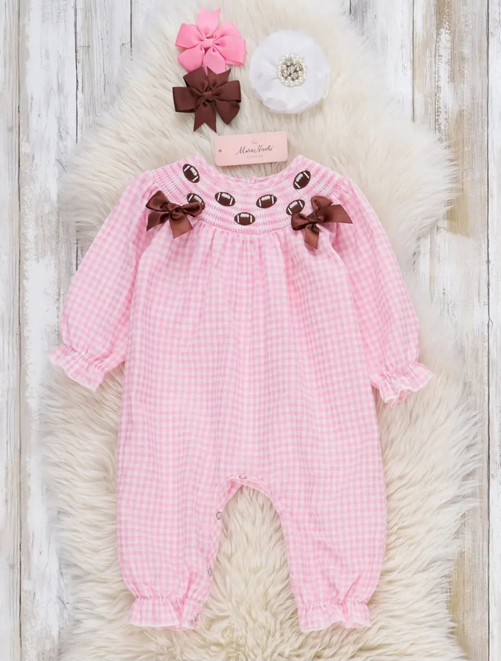 Marie Nicole Game Day Gingham Smocked Embroidered Romper Sz 6-12M