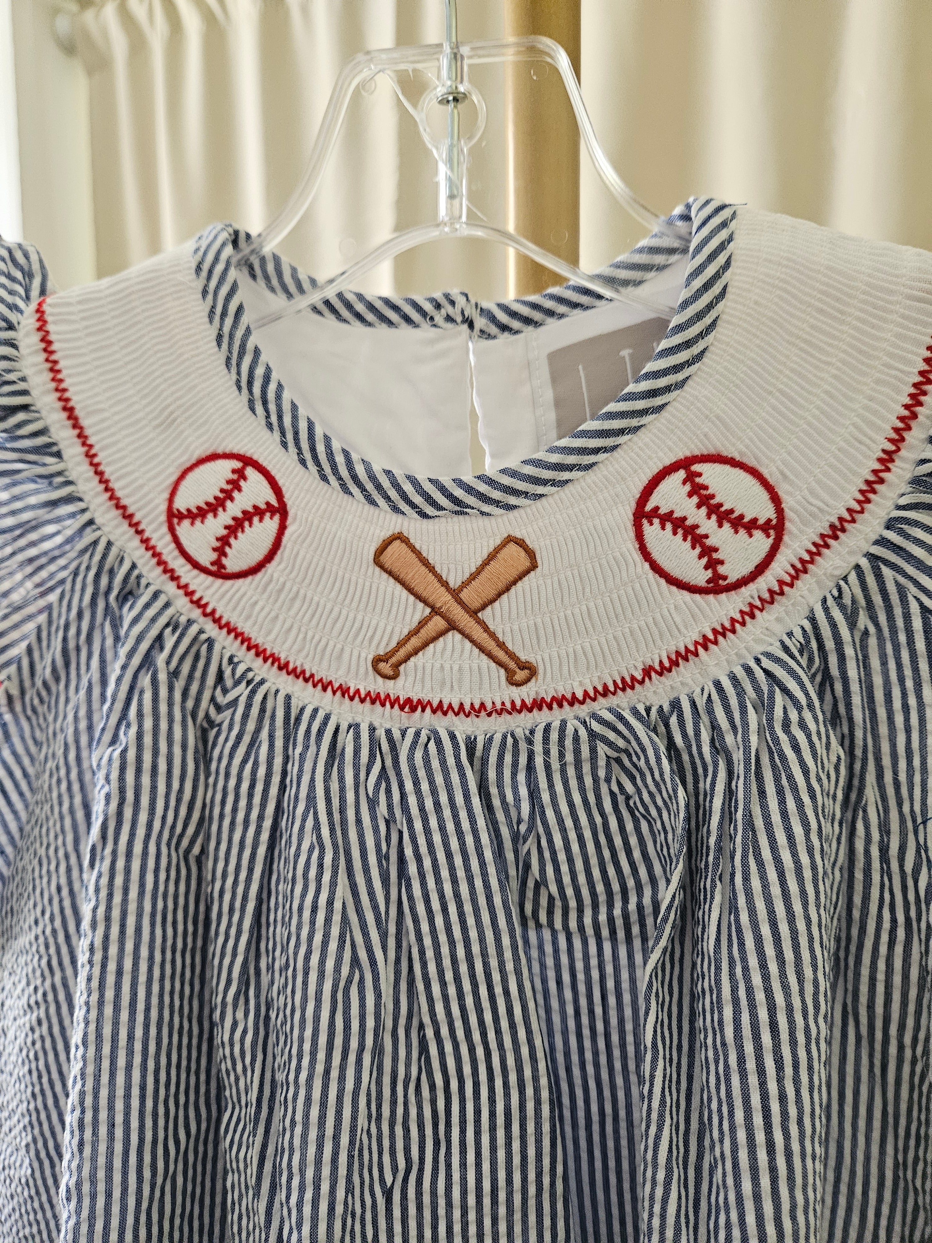 Lil Cactus Blue & White Seersucker Smocked Baseball Dress