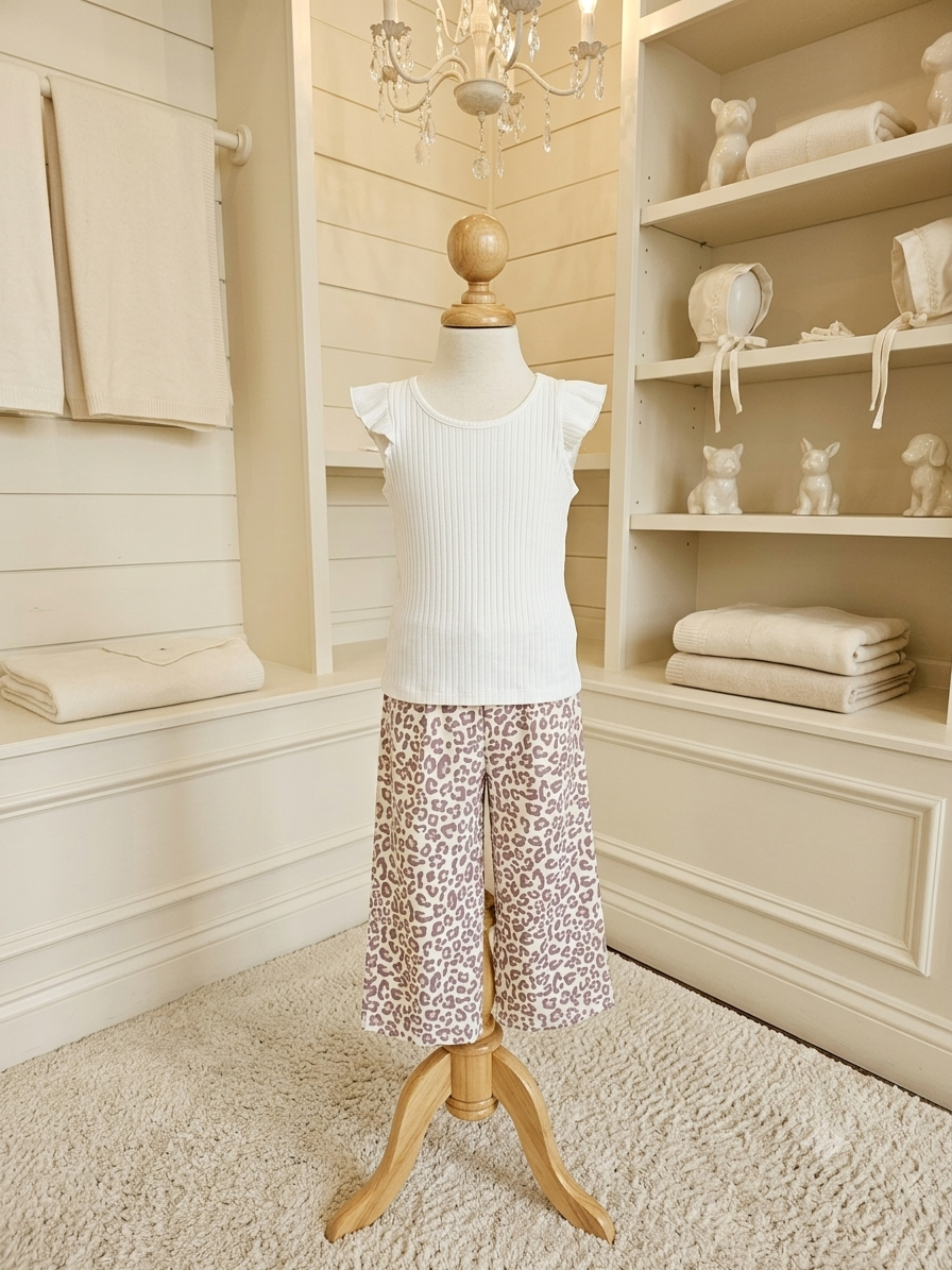 Millie Loves Lily Off White Ribbed Flutter Sleeve Top & Leopard Wide Leg Pant Set | Sizes 4, 5, 6