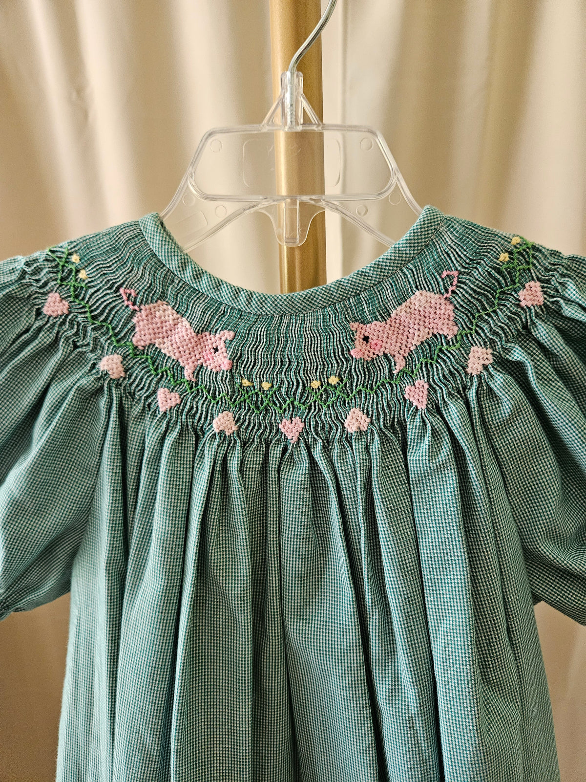 Ragsland Green & White Micro Check Bishop Smocked Dress | Girls Size 4 | Vintage 2003