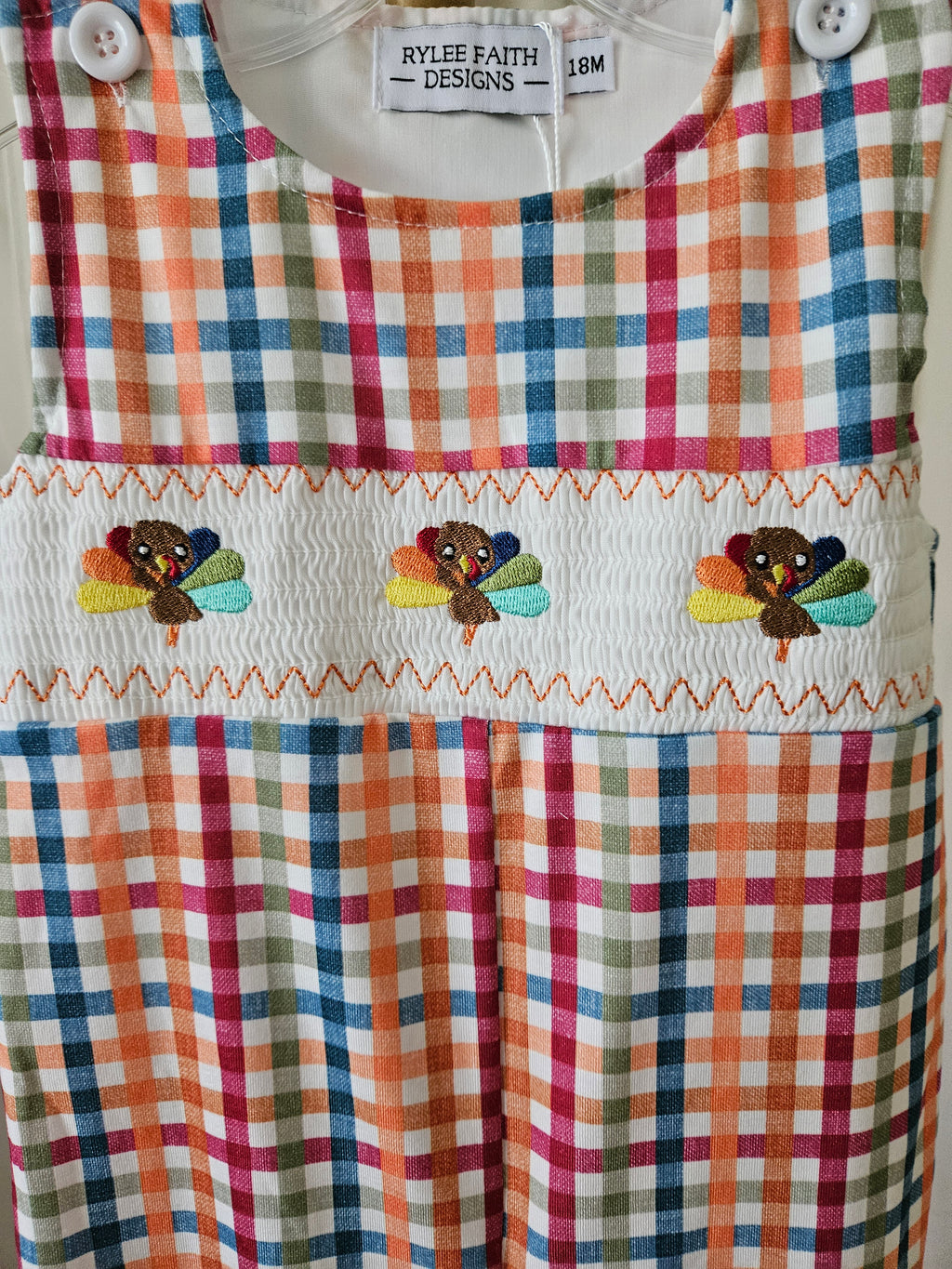 Fall Plaid Turkey Smocked Jon Jon by Rylee Faith Designs – Sizes 3M, 6M, 12M, 18M