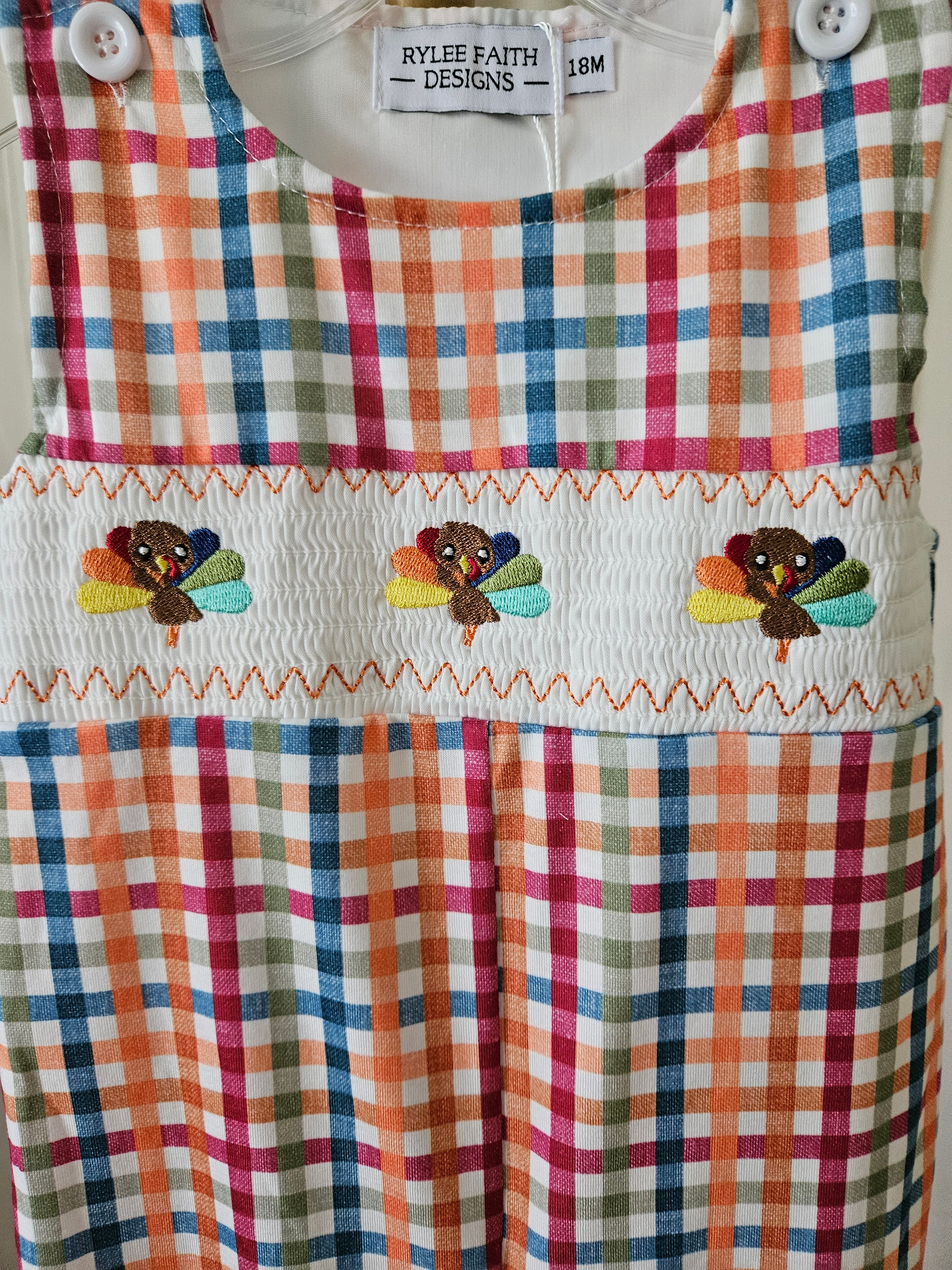 Fall Plaid Turkey Smocked Jon Jon by Rylee Faith Designs – Sizes 3M, 6M, 12M, 18M