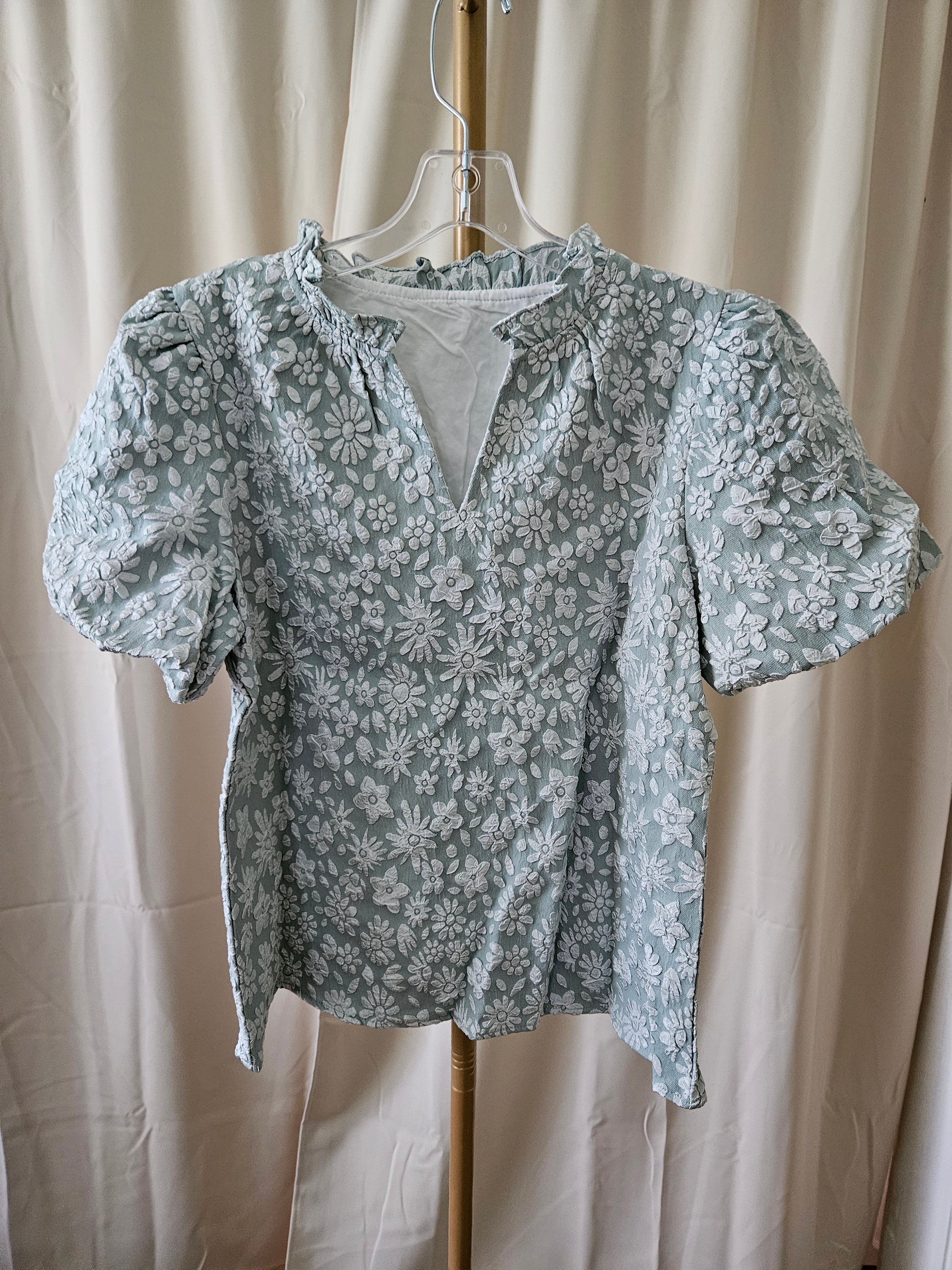 Lovesoft Sage & Silver Textured Puff Sleeve V-Neck Top