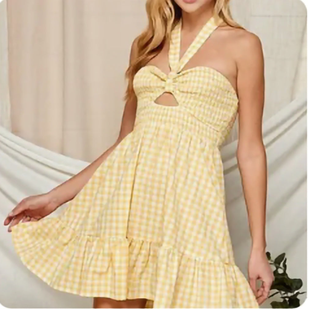 Twenty Ten Yellow Gingham Smocked Mini Dress | Halter Tie