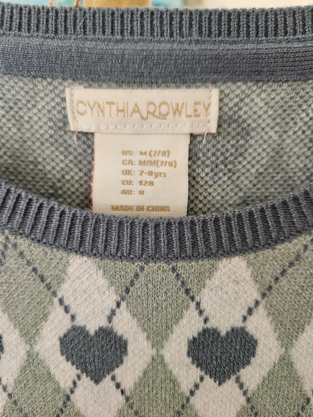 NWT Cynthia Rowley Girl's Green and Blue Heart Pattern Sweater Dress Sz 7/8