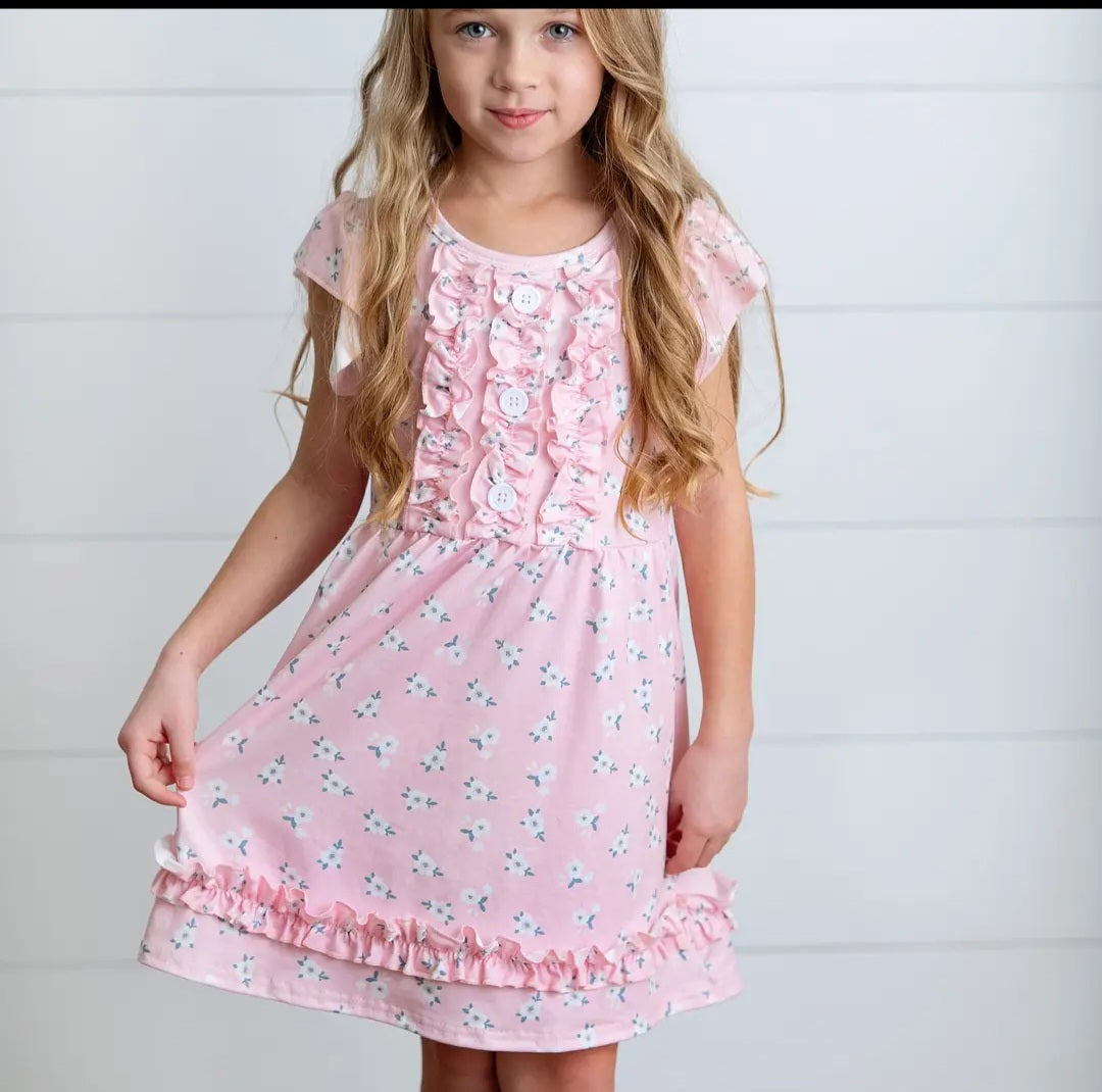 Adorable Sweetness Pink Blush Dainty Flower Button Ruffle Spring Dress Sz 10/12