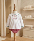 Petit Ami Smocked Santa 2-Piece Set White Top & Gingham Bloomers Sz NB