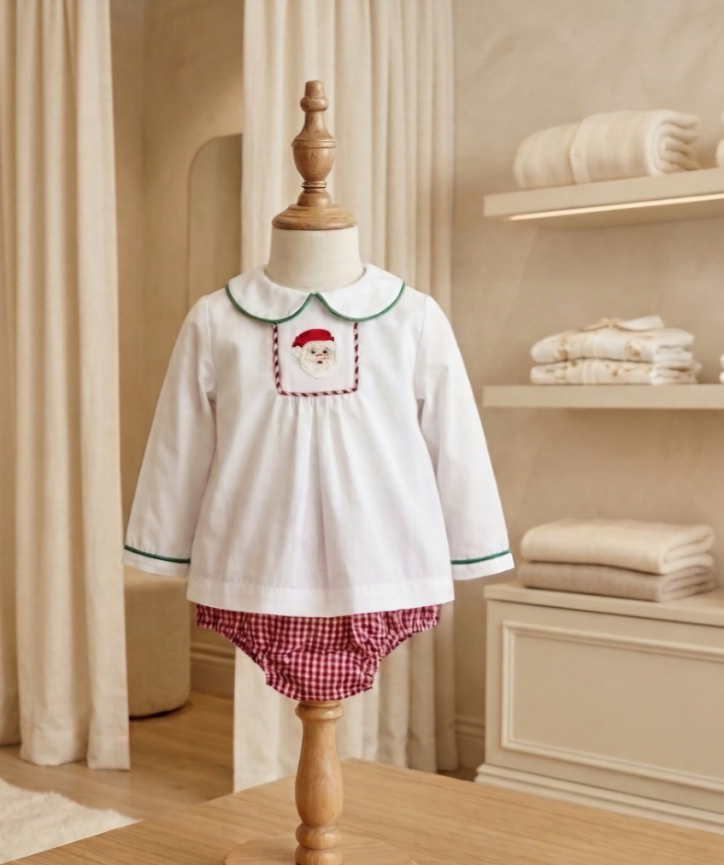 Petit Ami Smocked Santa 2-Piece Set White Top & Gingham Bloomers Sz NB