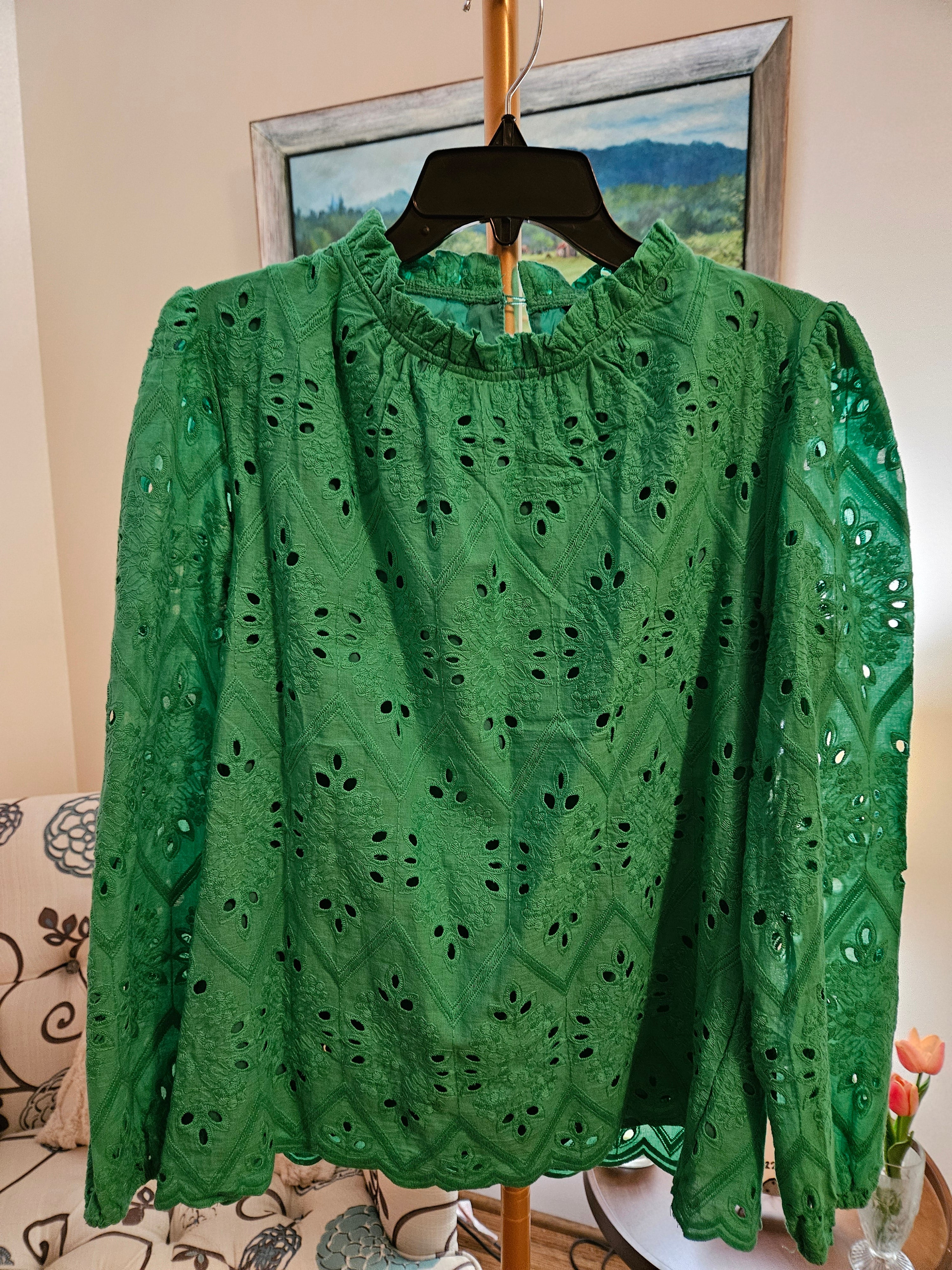 Pretty Garden Elegant Green Eyelet Blouse Sz Med