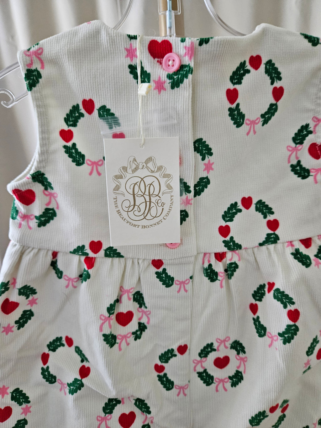 The Beaufort Bonnet Rebecca Romper Corduroy Heart Wreath & Pink Bow | Size 18-24M