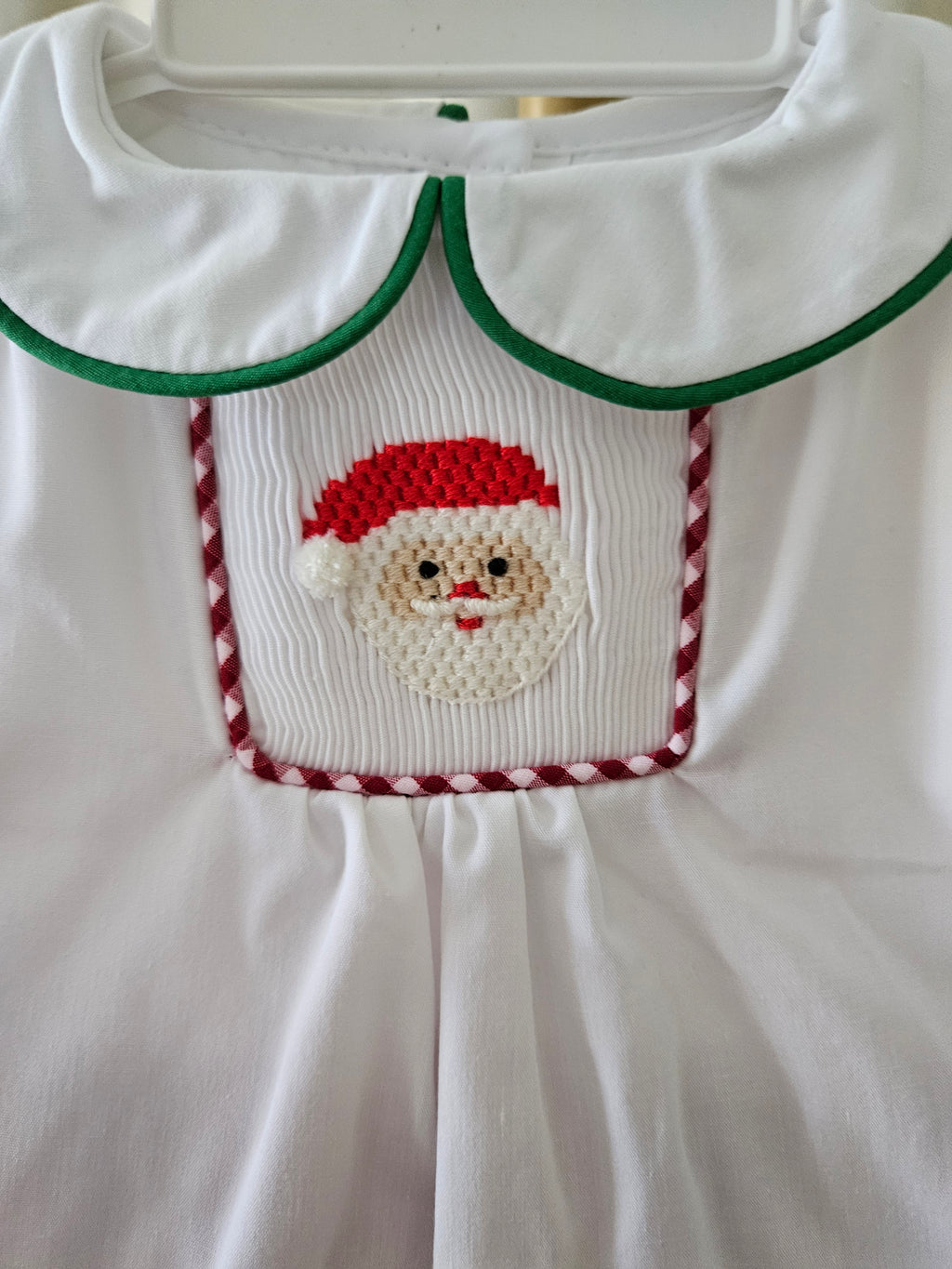 Petit Ami Smocked Santa 2-Piece Set White Top & Gingham Bloomers Sz NB