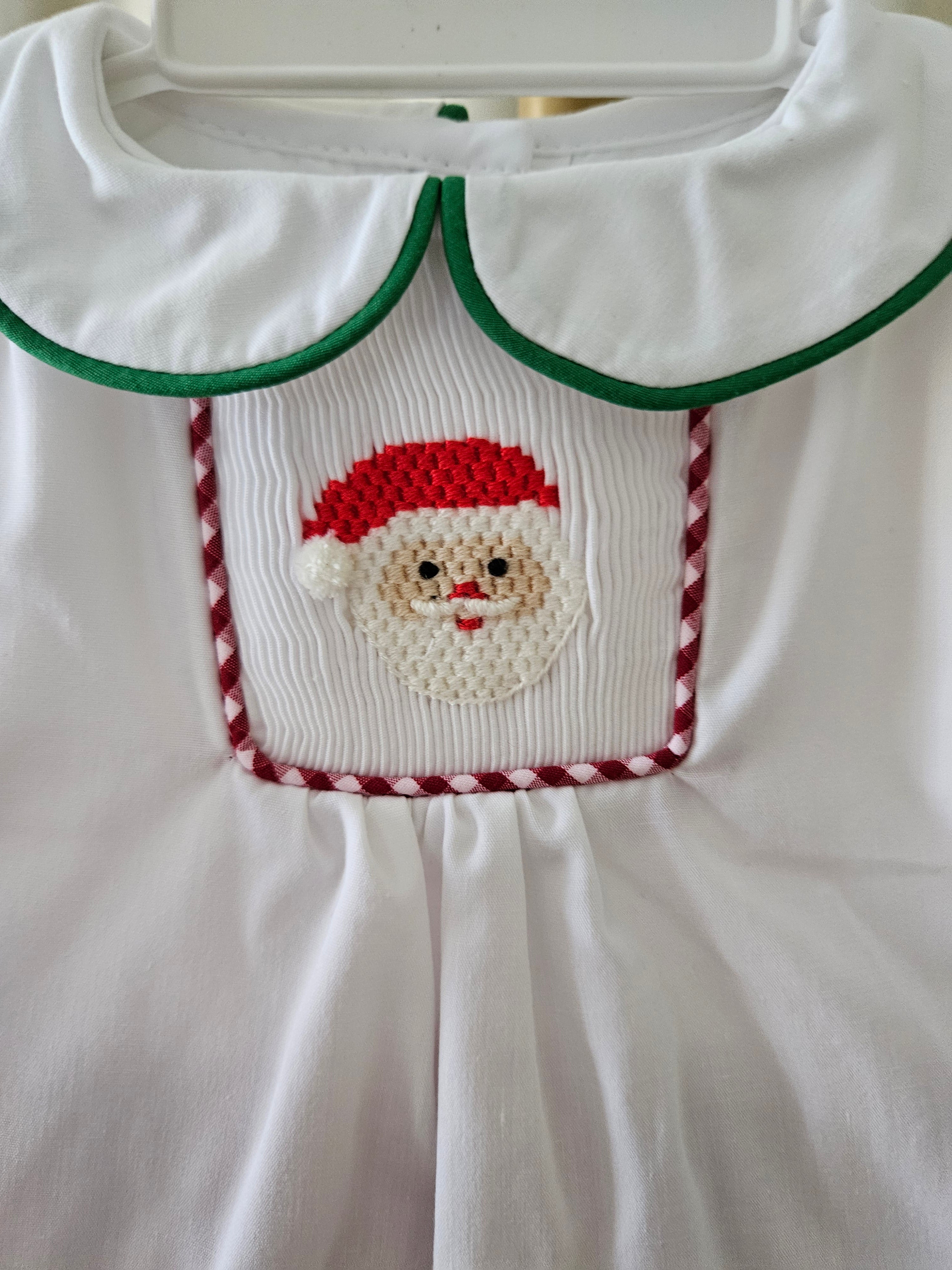 Petit Ami Smocked Santa 2-Piece Set White Top & Gingham Bloomers Sz NB