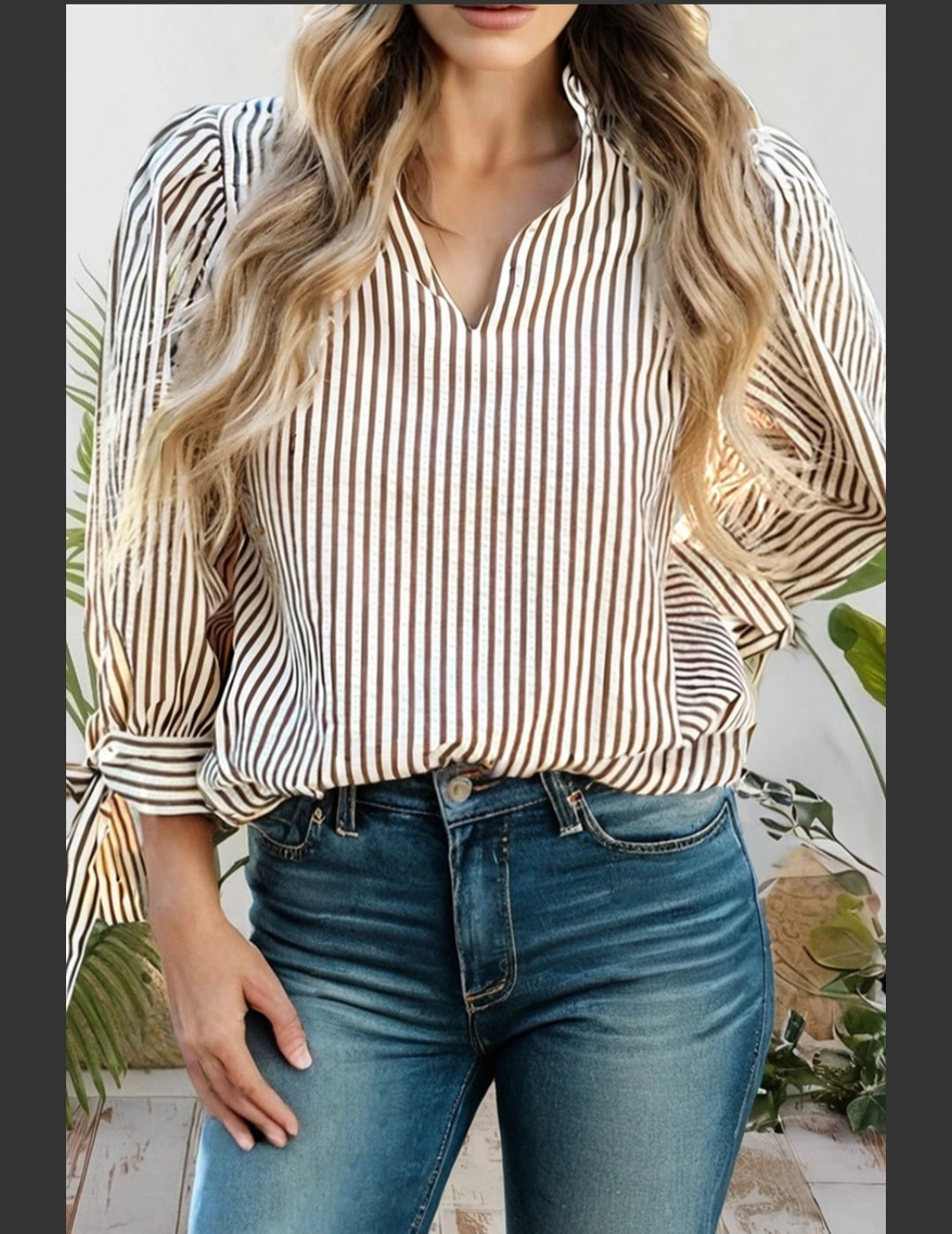 Striped Frill V-Neck Bracelet Sleeve Blouse