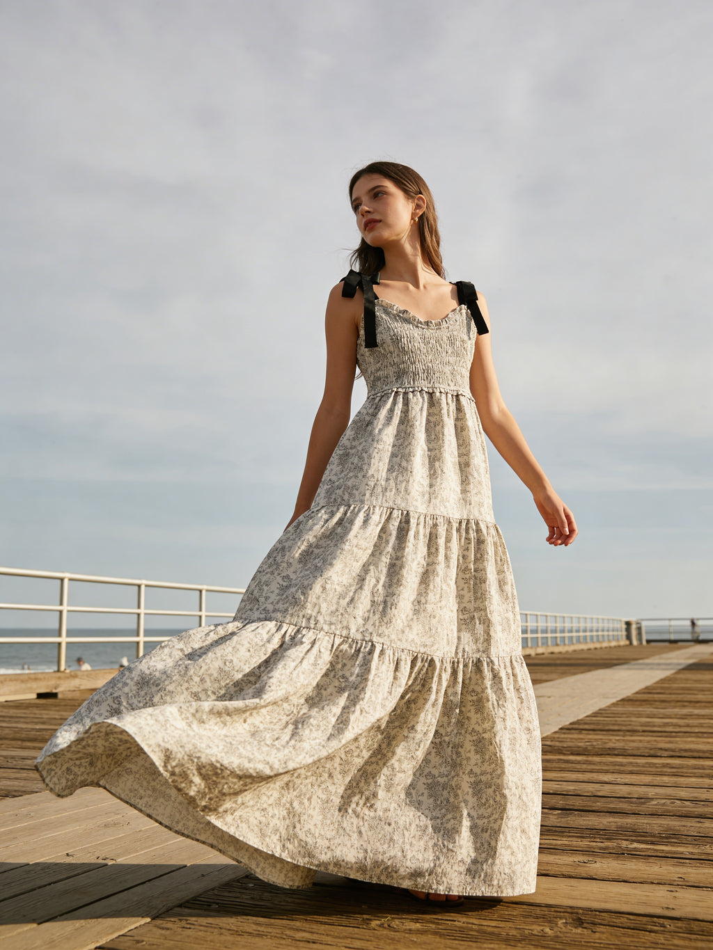 J.NNA Floral Black & Cream Empire Waist Maxi Dress