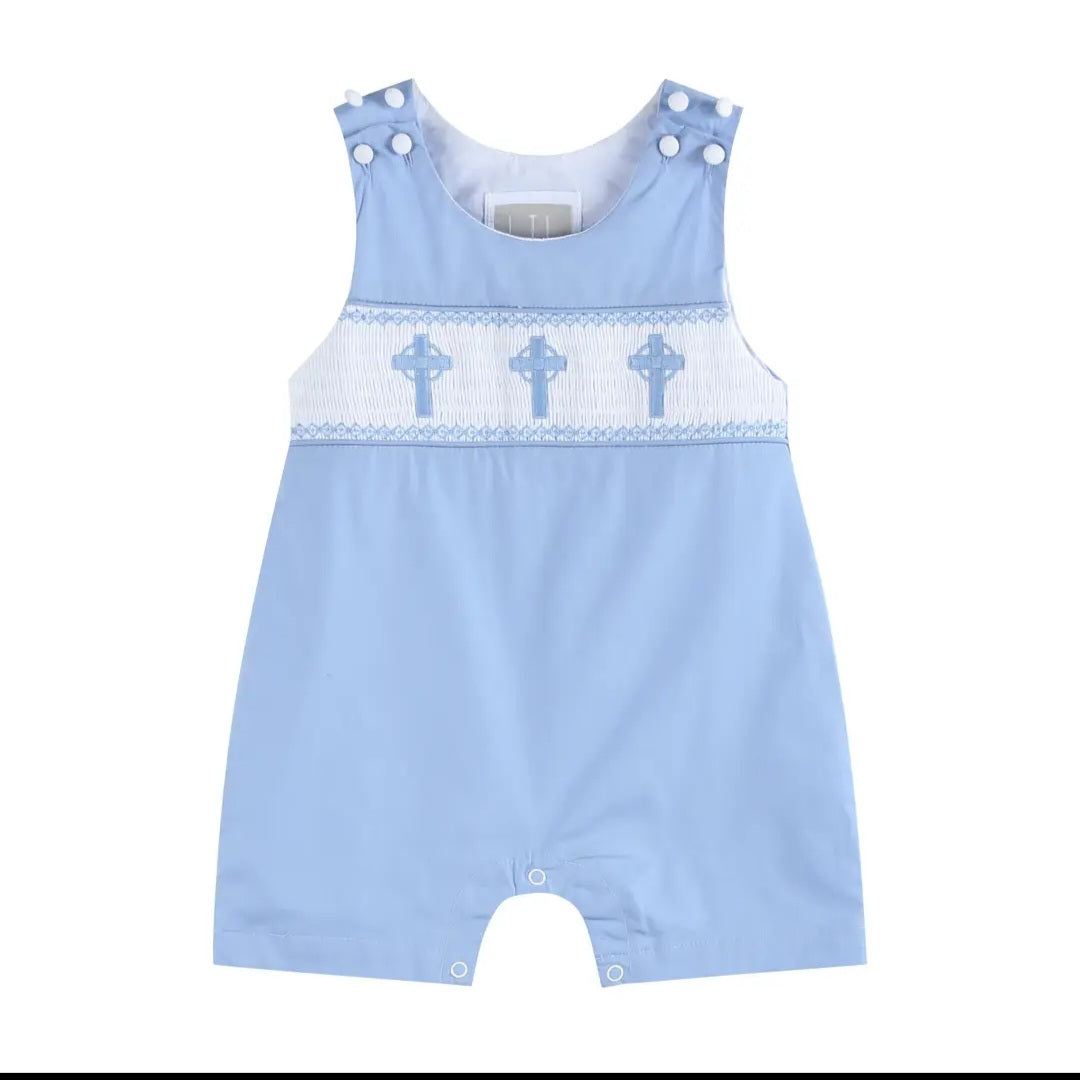 Lil' Cactus Periwinkle Crosses Smocked Shortalls Sz 3-6M