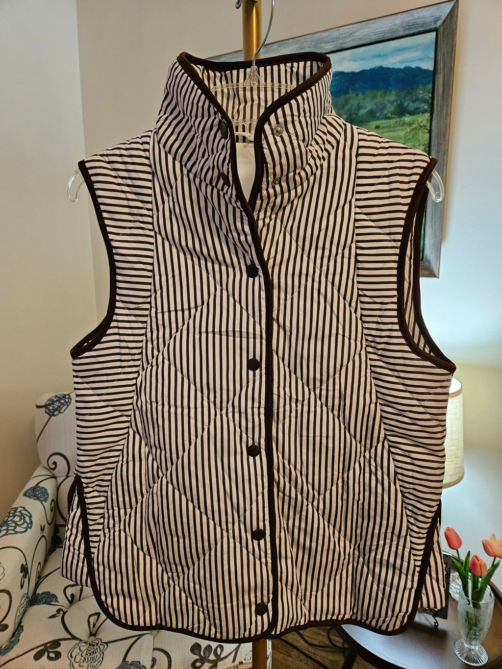Striped Quilted Contrast Trim Button Vest