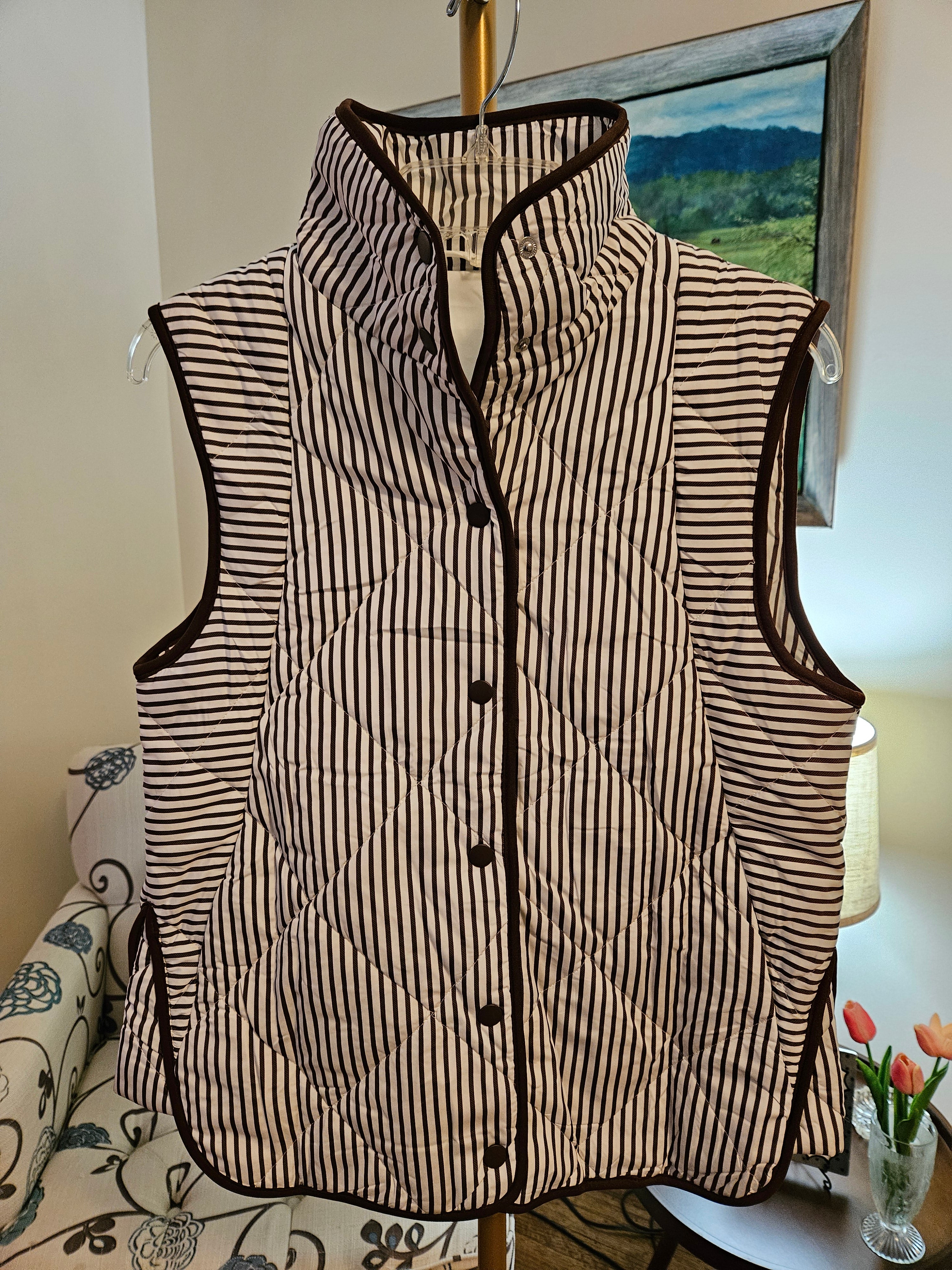 Striped Quilted Contrast Trim Button Vest