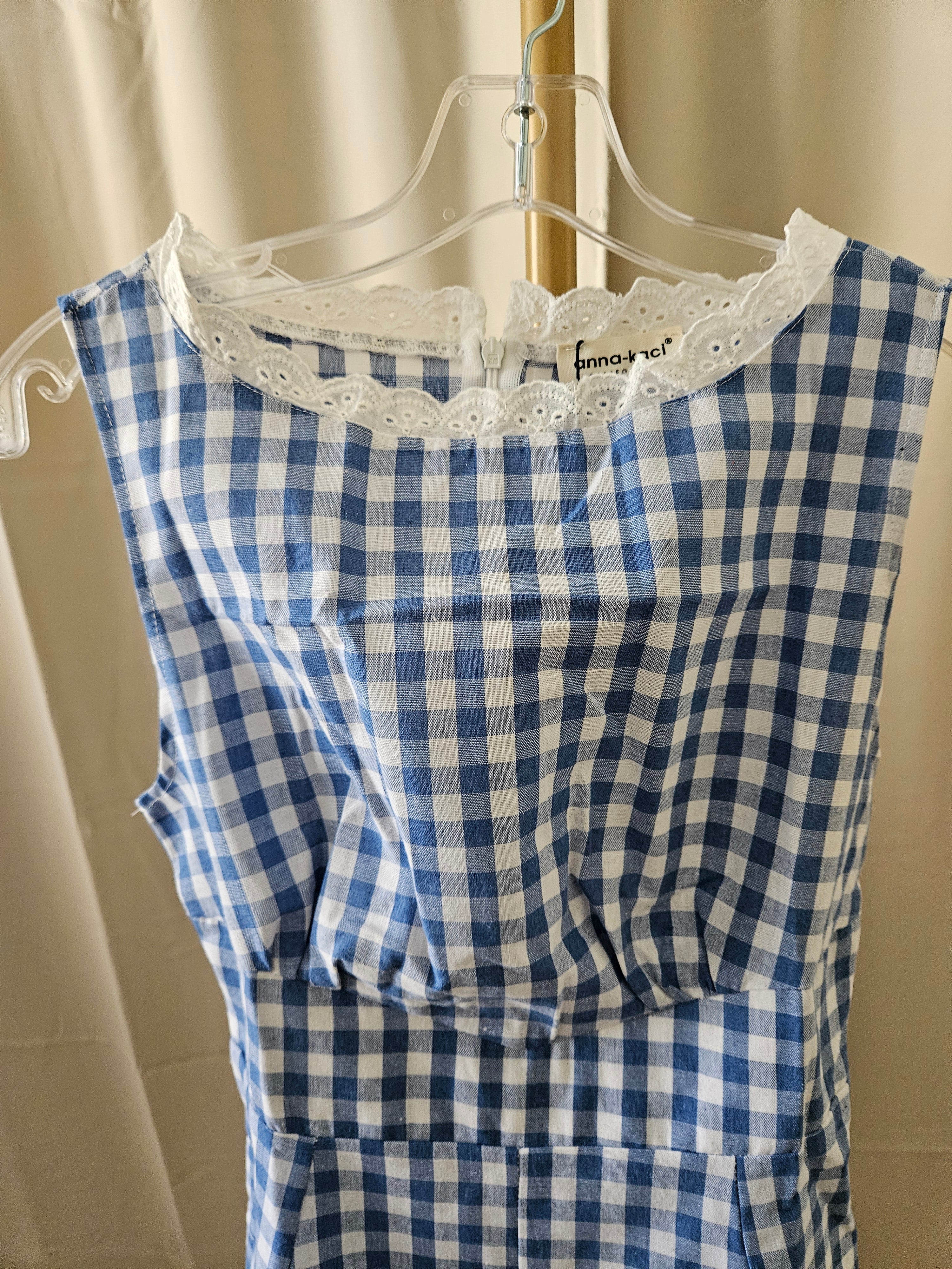 Anna-Kaci Baby Blue & White Checkered Lace Trim Romper