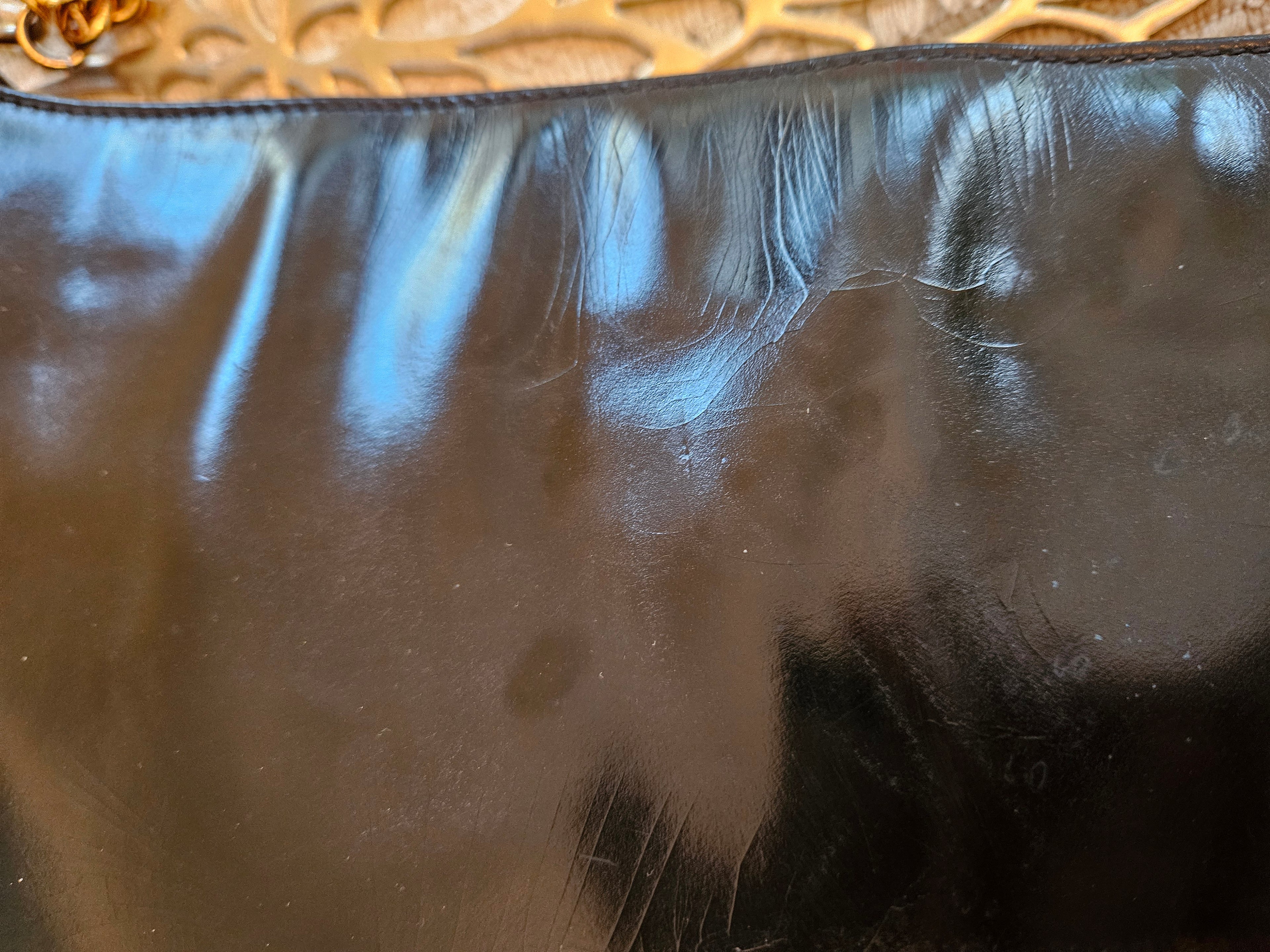 Preloved Vintage Authentic GUCCI 1970's Blk Patent & Gold handbag