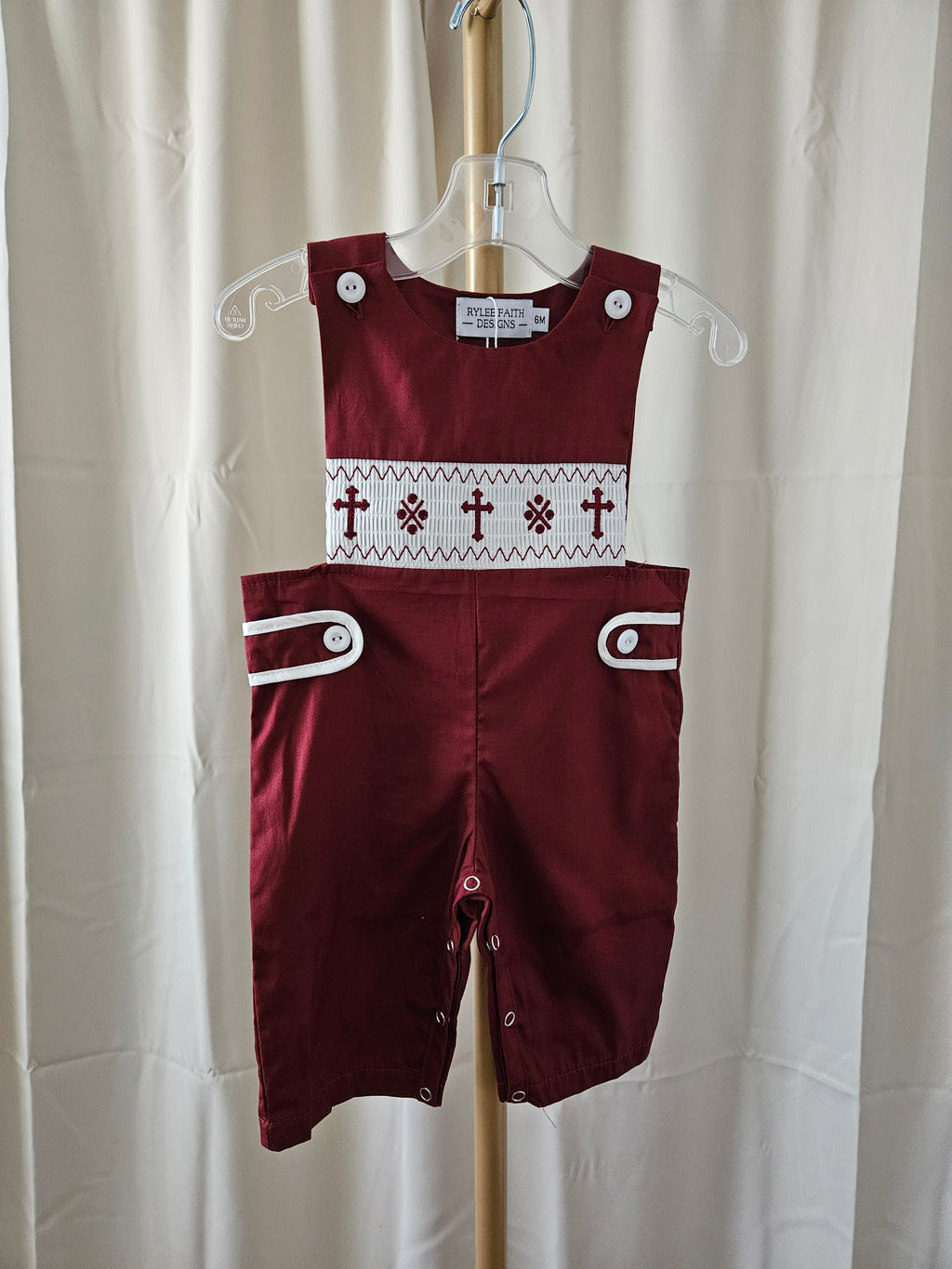 Rylee Faith Designs Dark Red Smocked Christening Bishop Romper