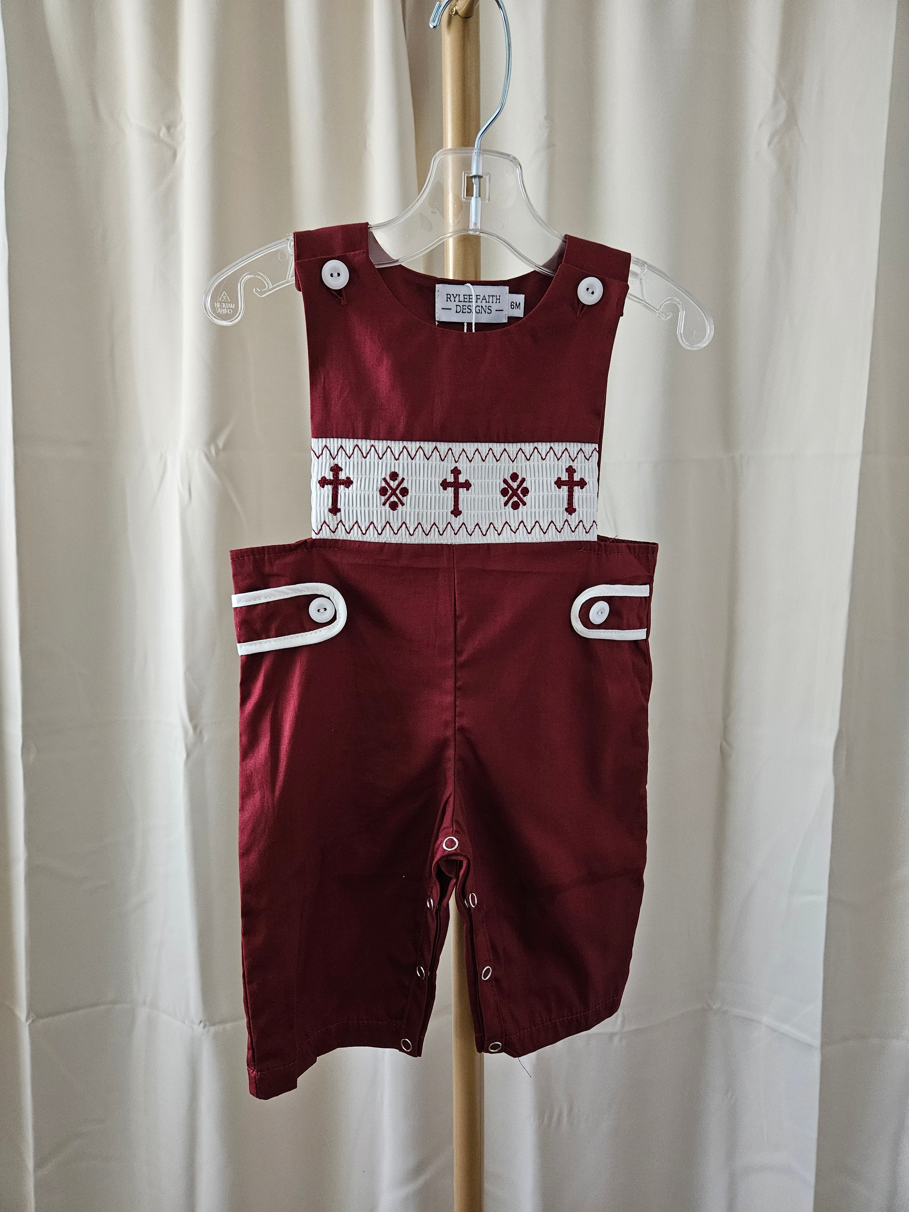 Rylee Faith Designs Dark Red Smocked Christening Bishop Romper