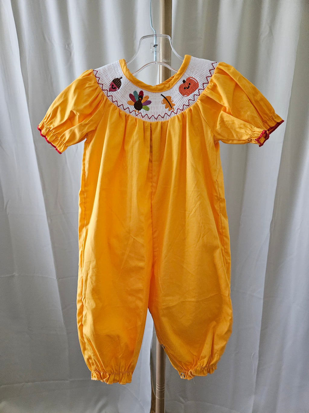 Rylee Faith Designs Smocked Fall Pumpkin Romper | Sizes 3M, 6M, 12M & 18M